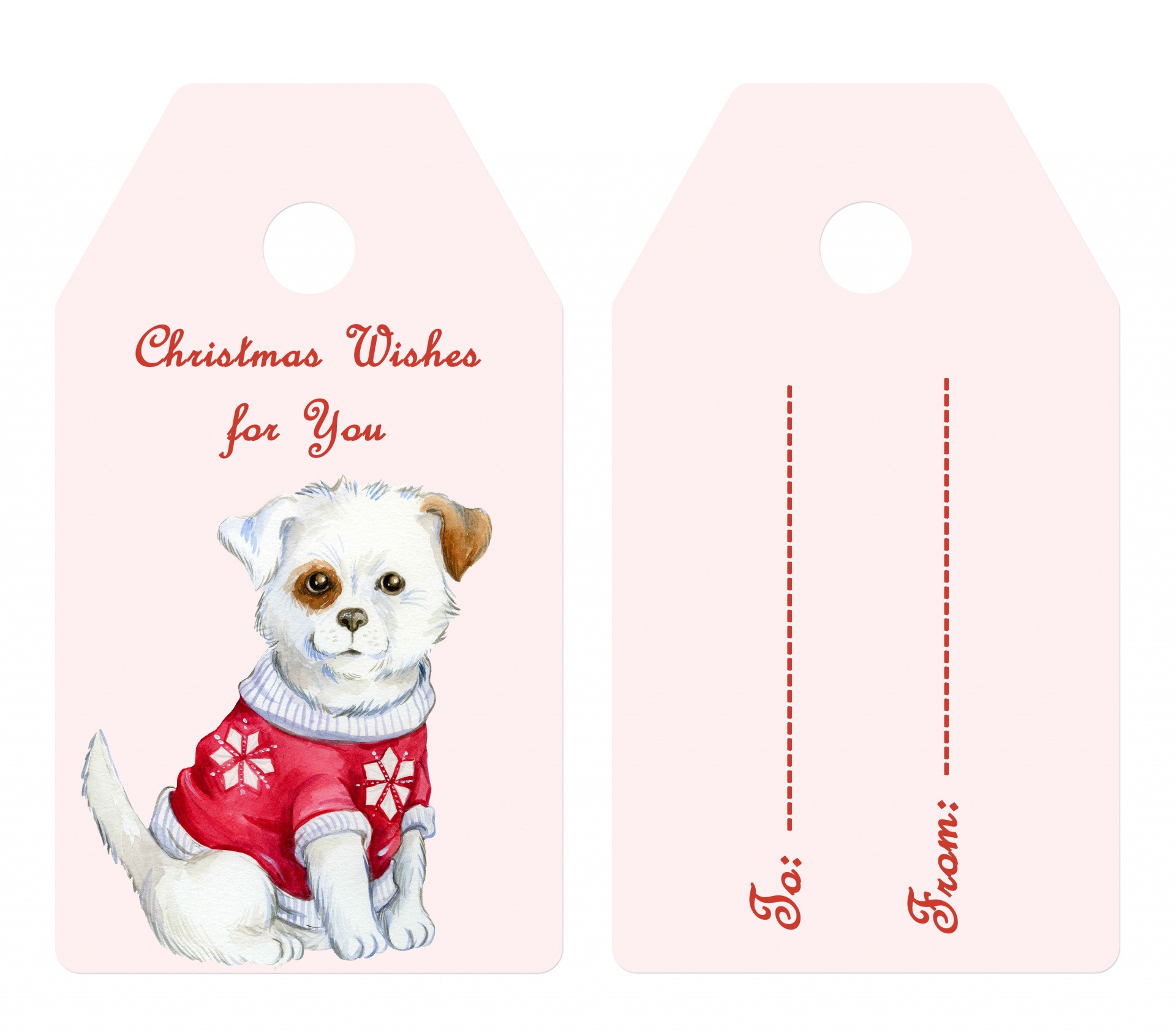 Cute watercolor painting of puppy dog christmas gift label, tag
