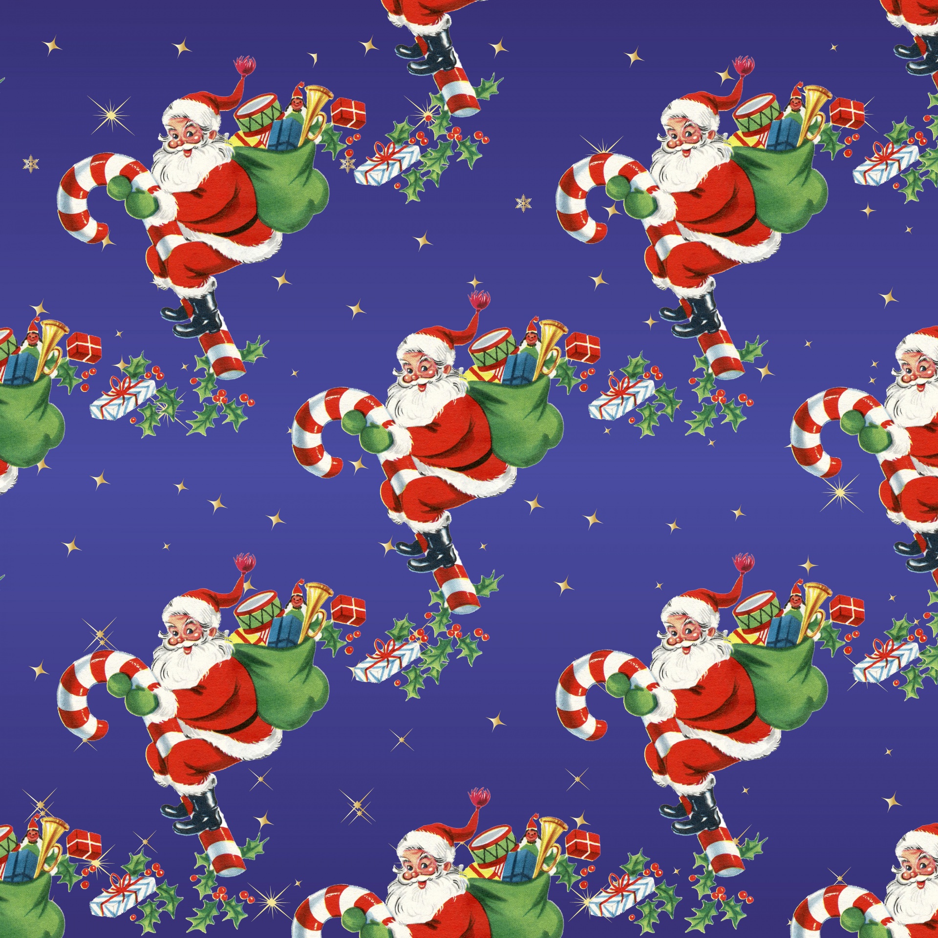 Vintage christmas santa on candy cane seamless wallpaper background