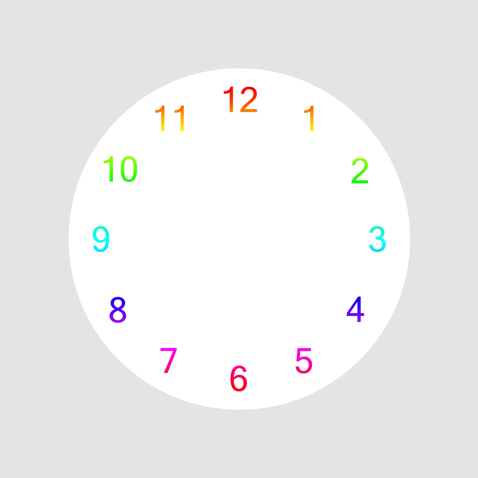 Simple clock face template with rainbow color numerals