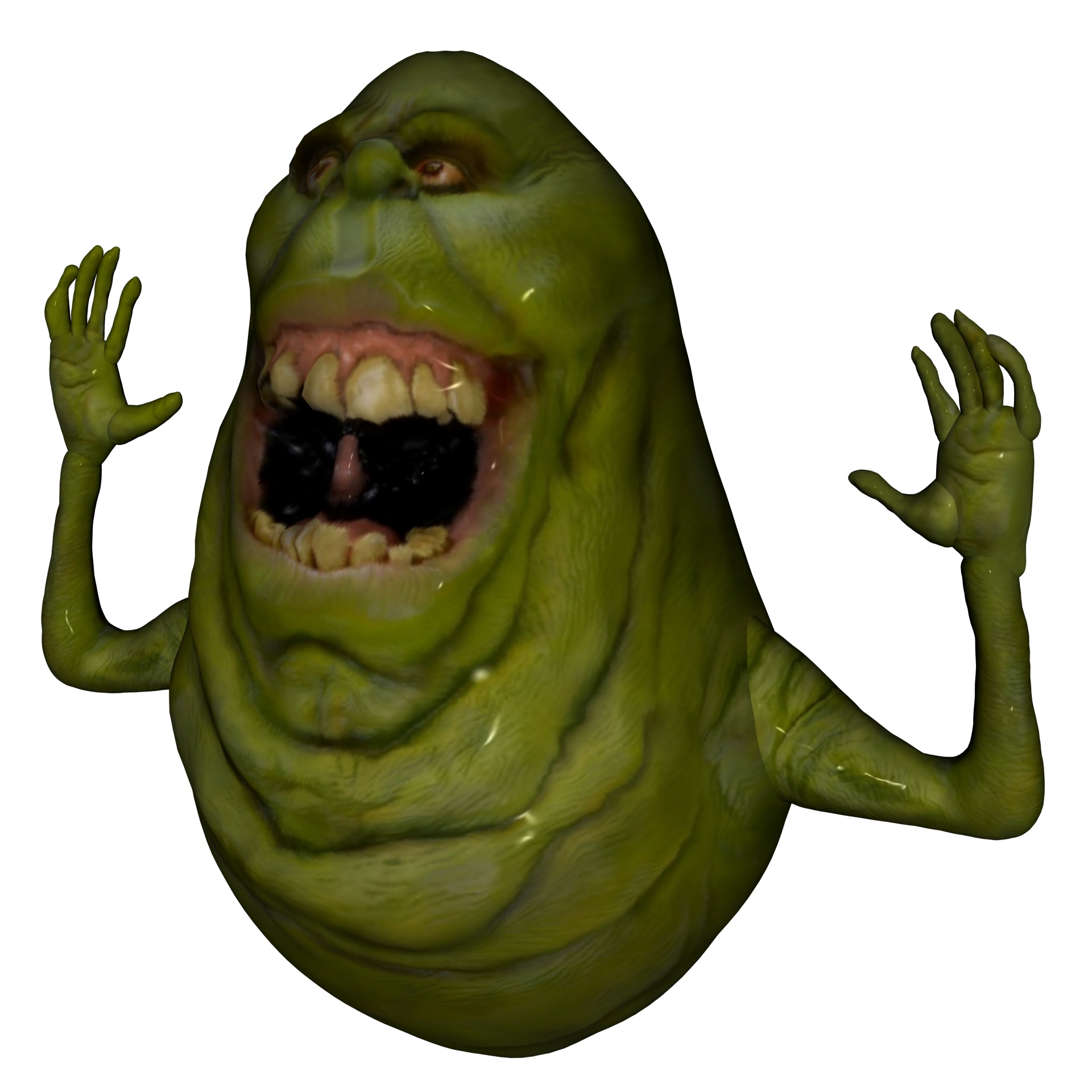 green monster with hands up and open mouth on white