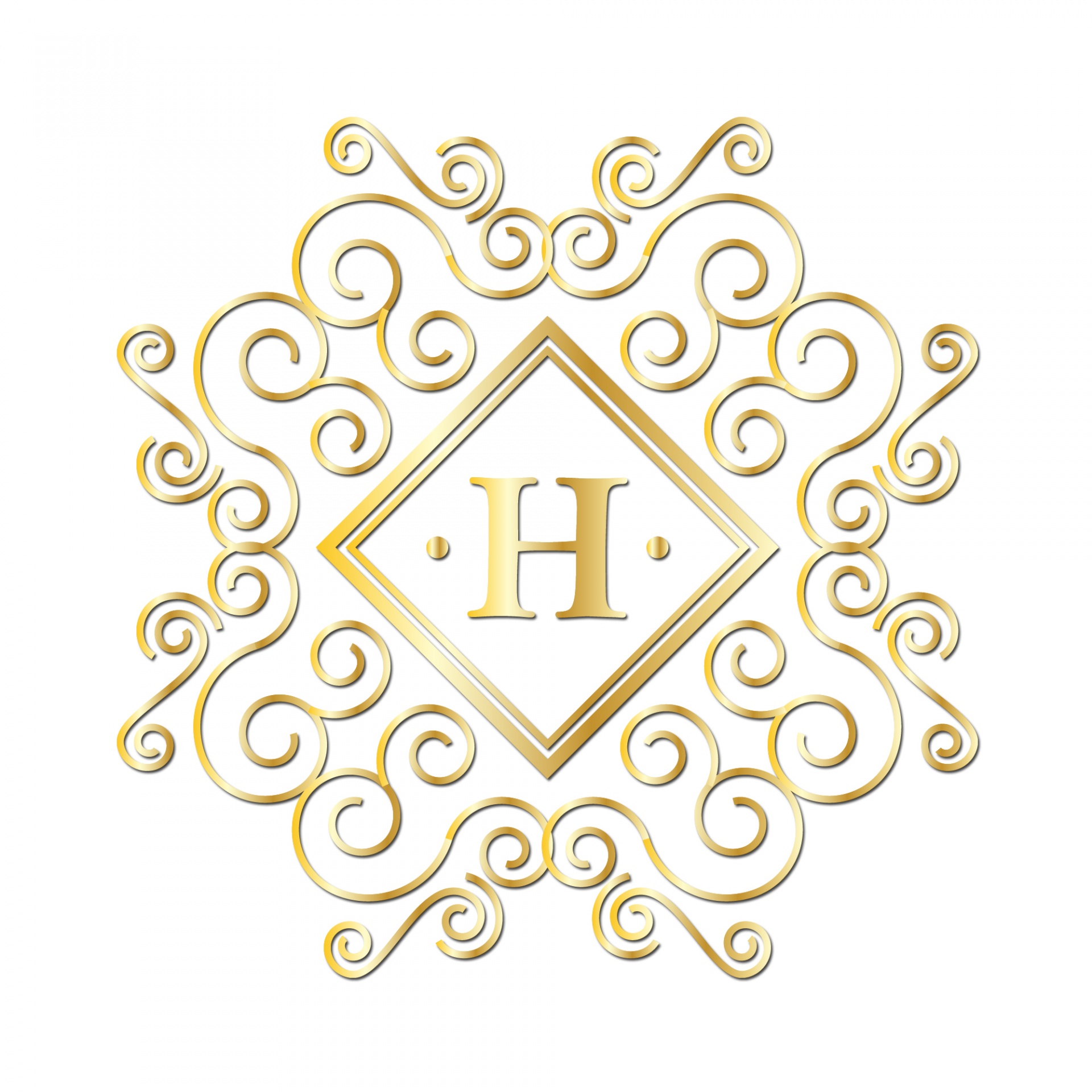 Fancy golden initial H monogram alphabet letter on white background