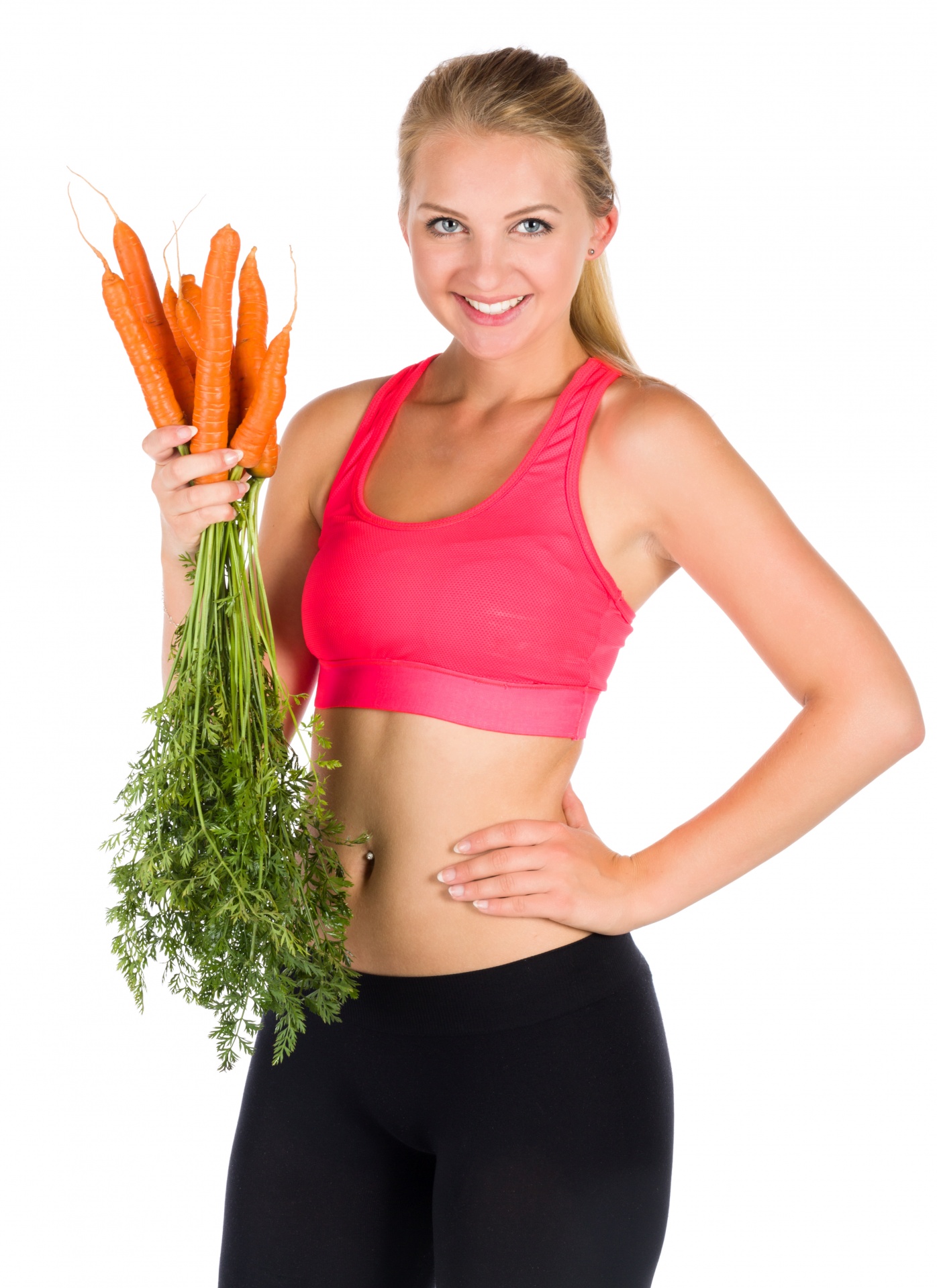 Young healthy woman holding bunch of carrots isolated on white background