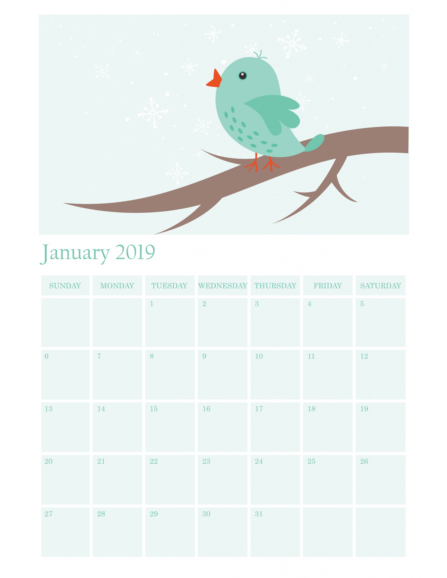 January Calendar 2019 Bird
