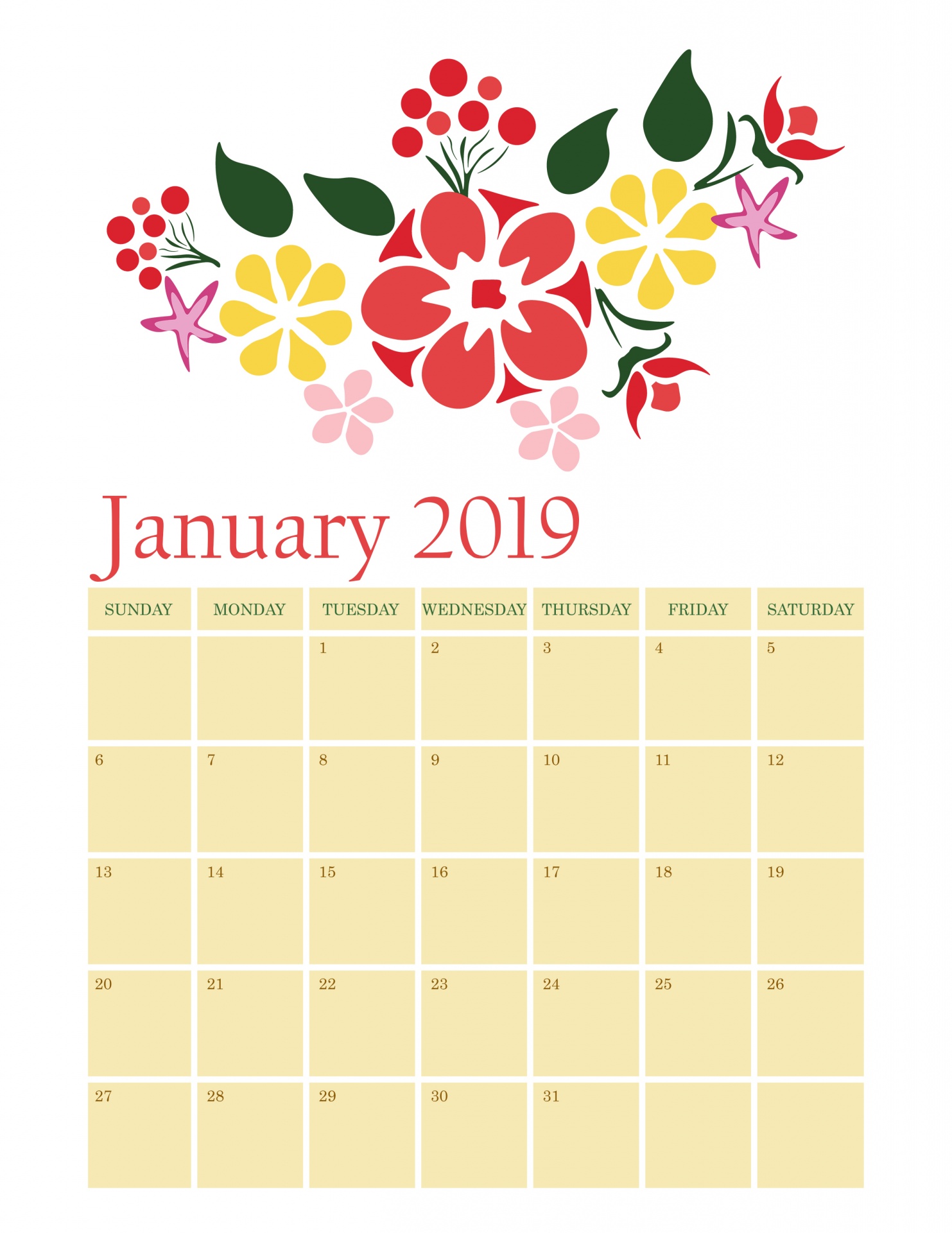 January Calendar 2019 Floral