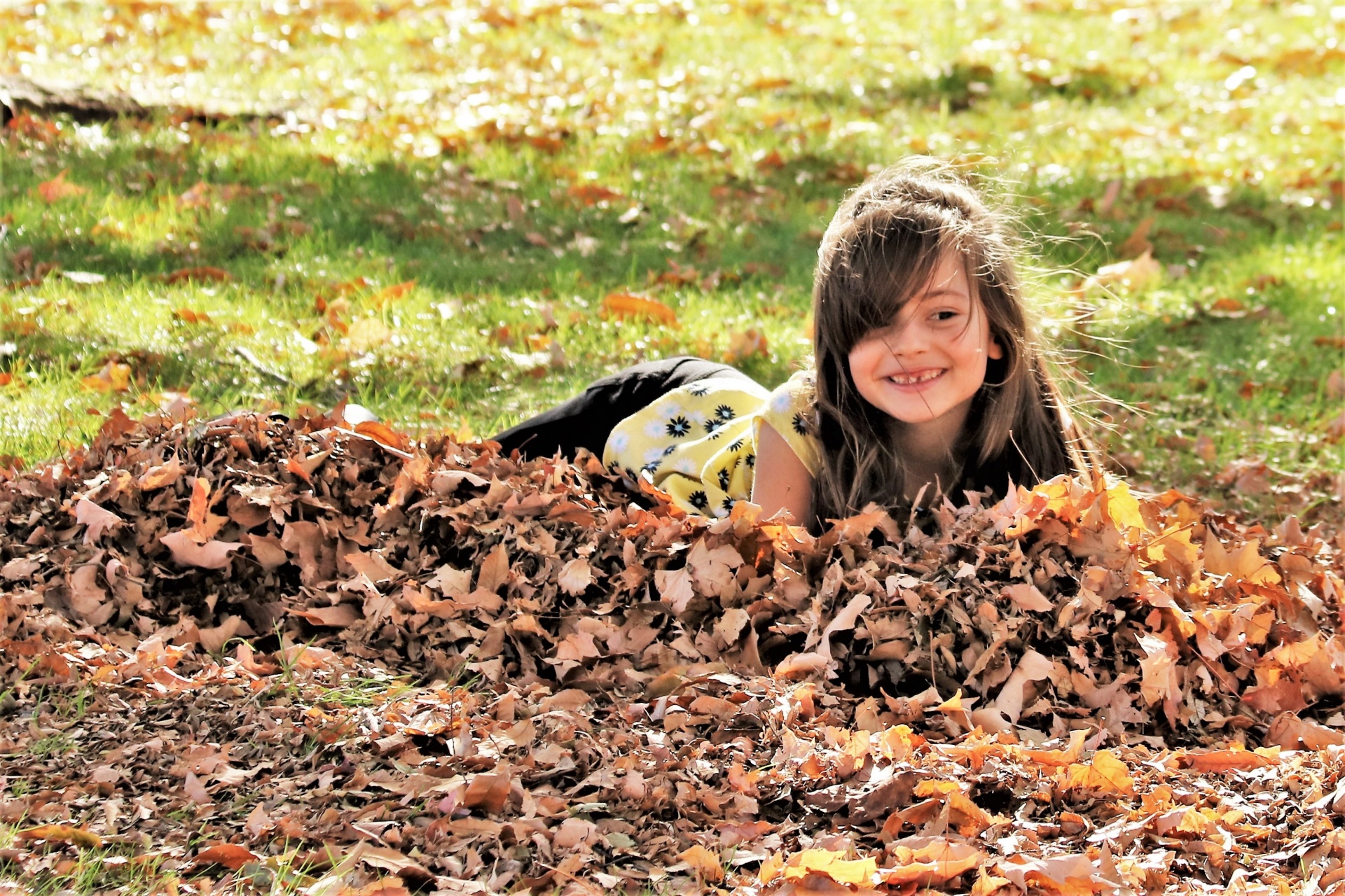Little Girl Playing In Fall Leaves