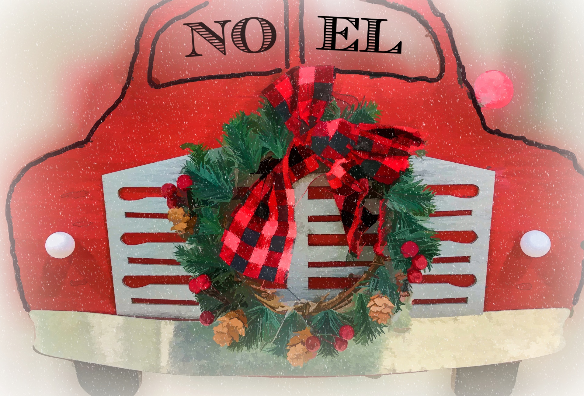 vintage car cartoon with wreath on its grill and NOEL in windows