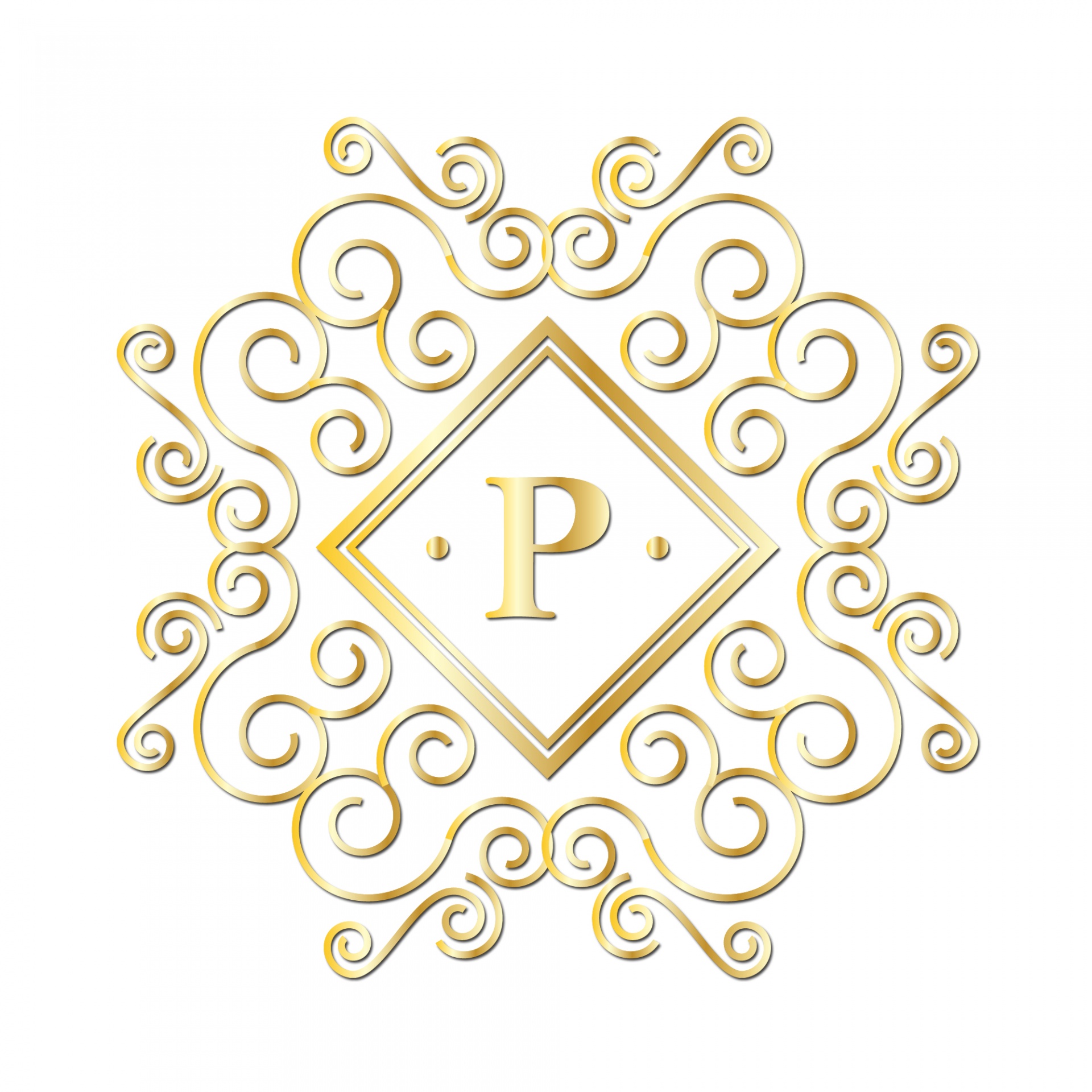 Fancy golden initial P monogram alphabet letter on white background
