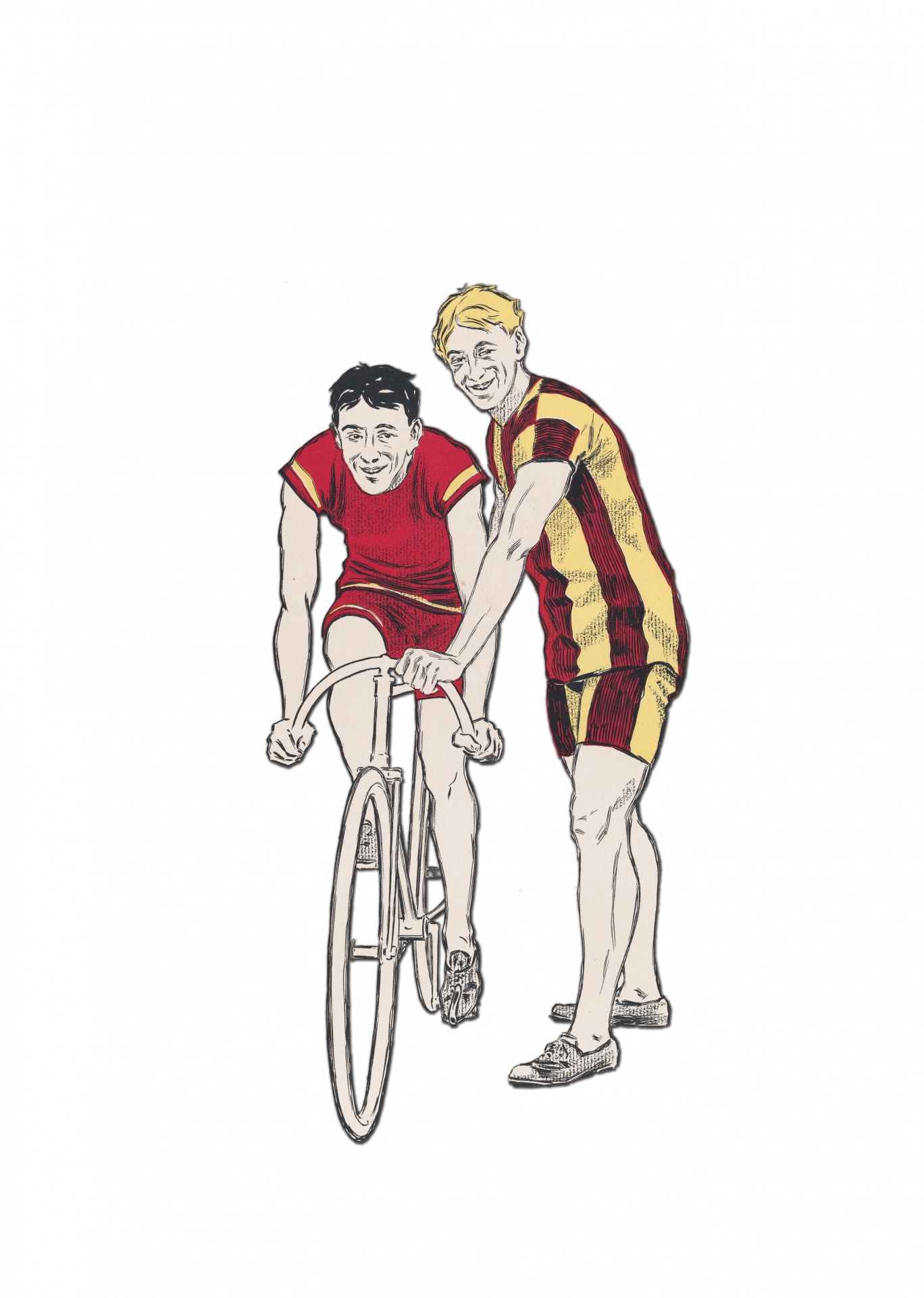Two vintage retro racing cyclists with bicycle illustration clipart