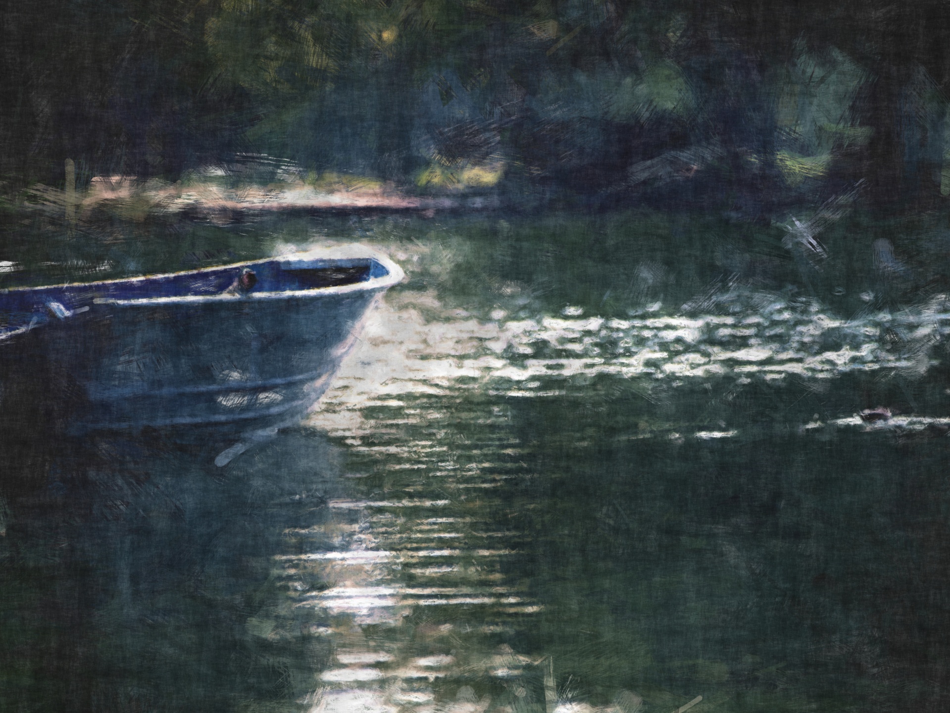 serene painting of a rowboat docked in a lake