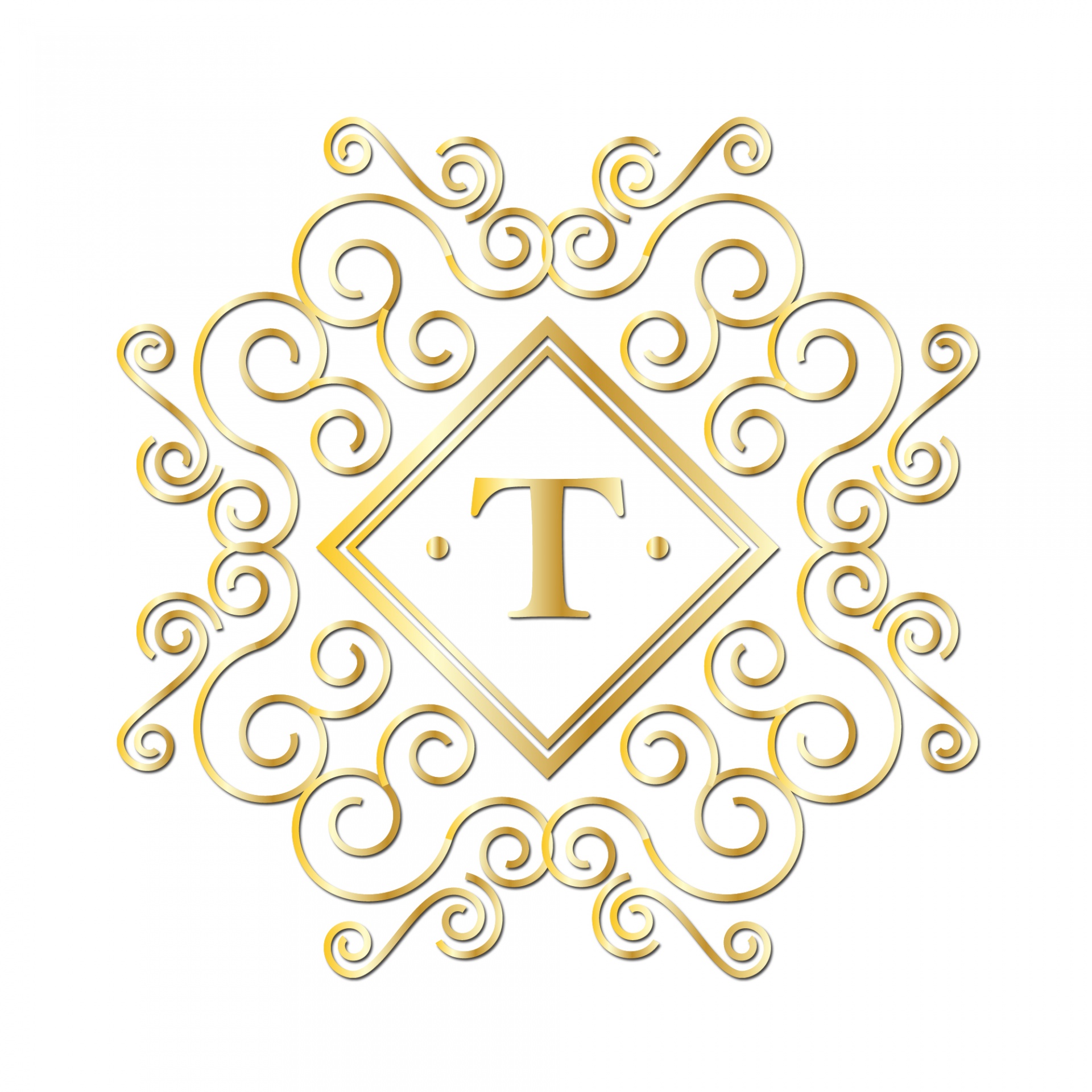 Fancy golden initial t monogram alphabet letter on white background