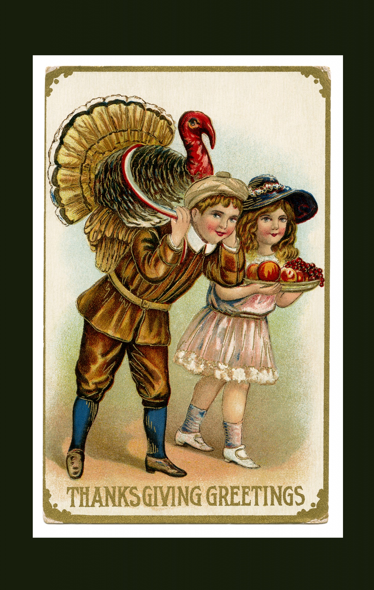 Vintage thanksgiving day card template with children and turkey illustration