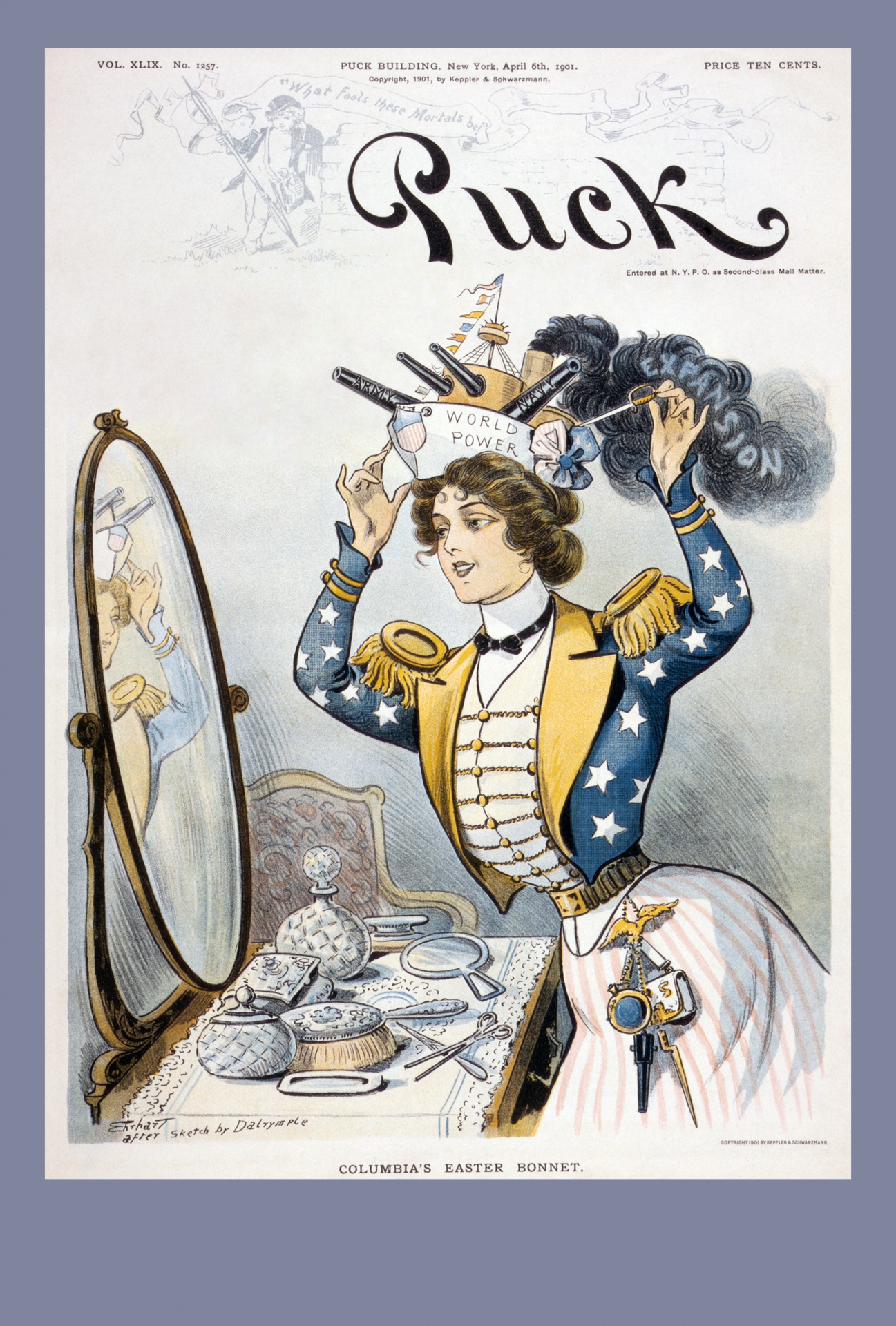 Vintage magazine cover from 1901 with a woman wearing an Easter hat shaped like a battle ship and the word expansion in the smoke. Image has been enhanced to enhance the colors and beauty of the original cover.