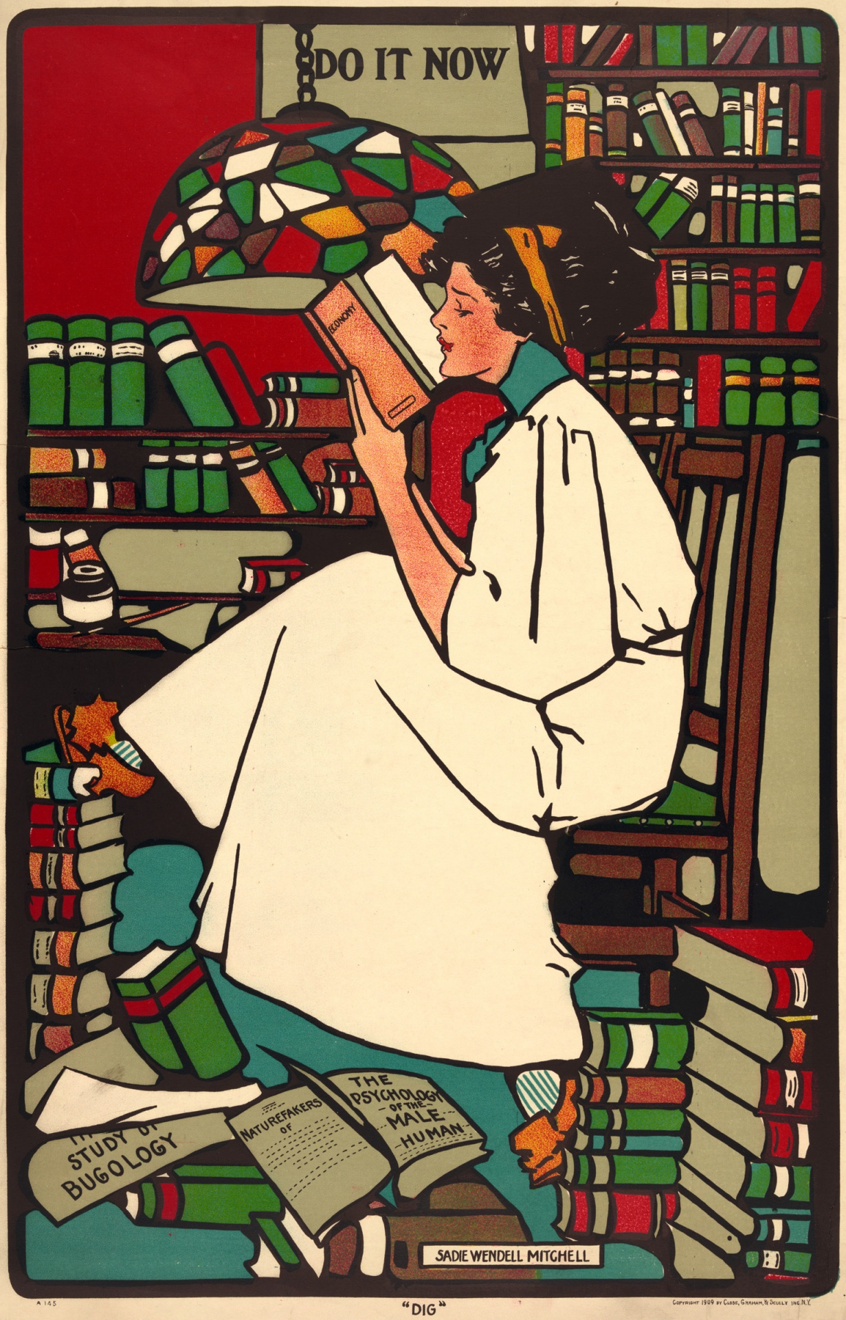 Lovely vintage painting of a young woman college student reading a book for information in the library