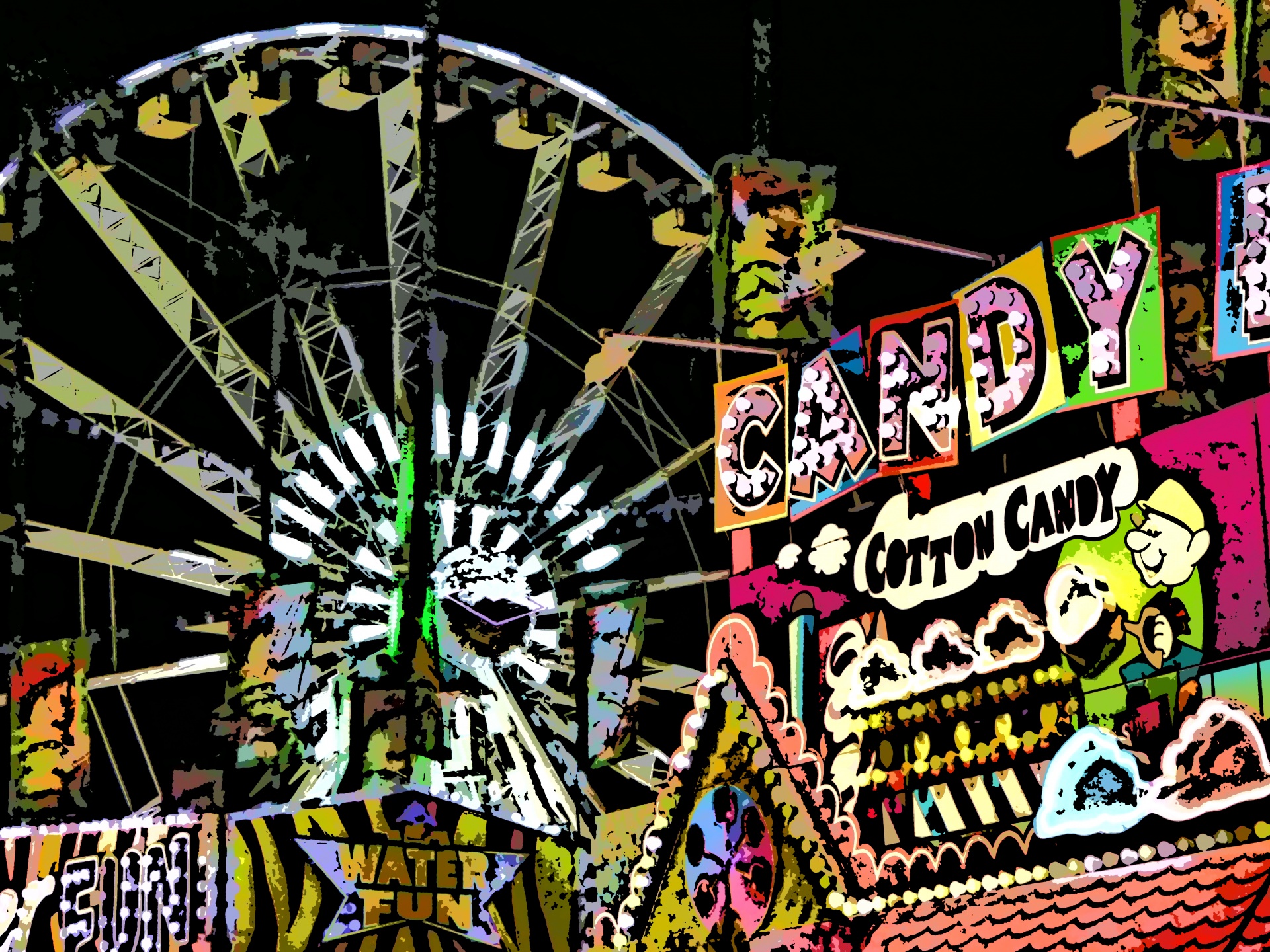 cartoonized Ferris Wheel and cotton candy booth at a fair
