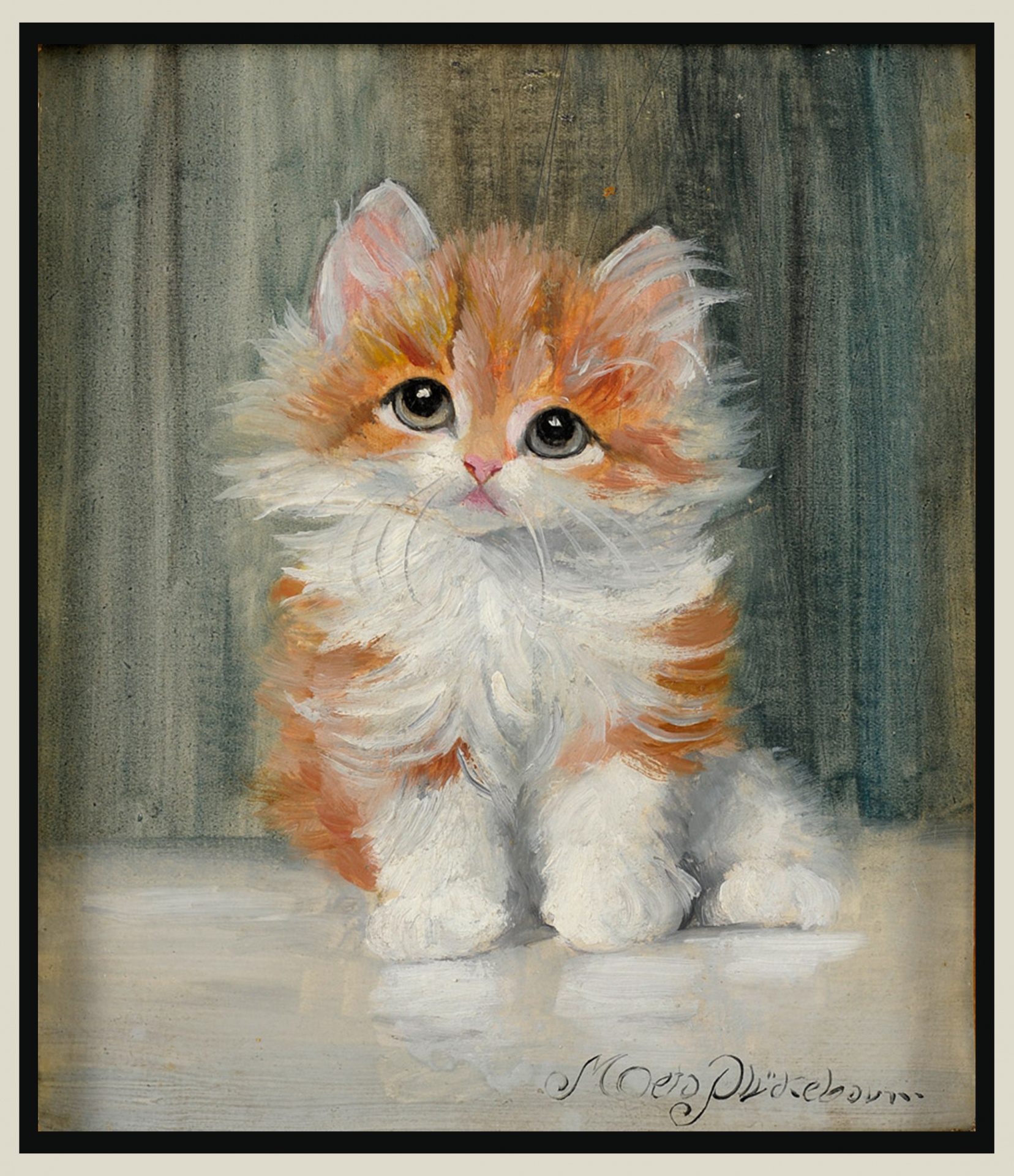 The most adorable ginger and white kitten with big eyes vintage oil painting