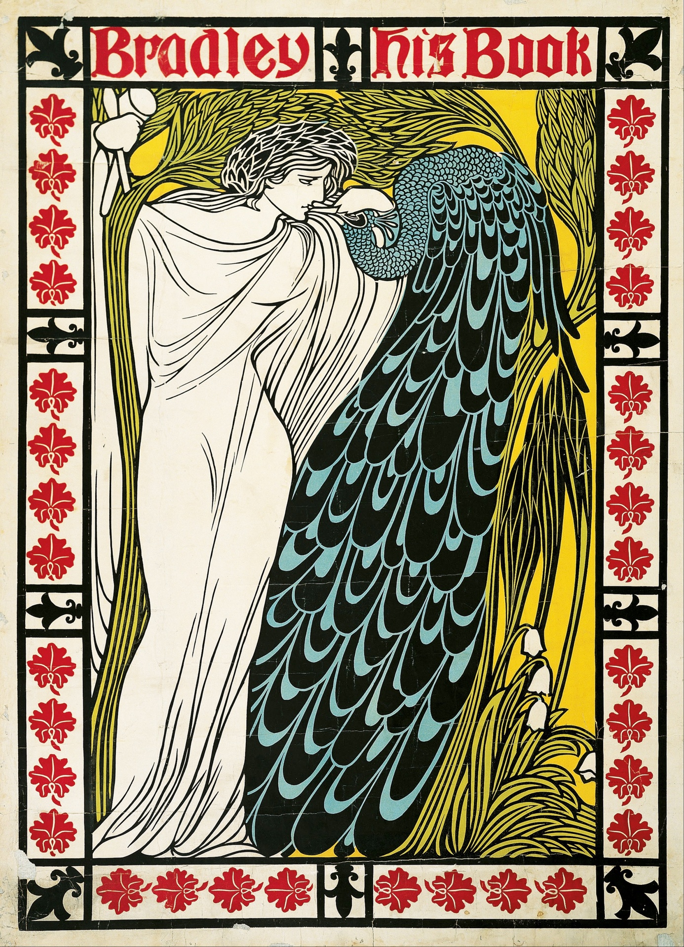 Vintage art deco poster, print of woman and peacock