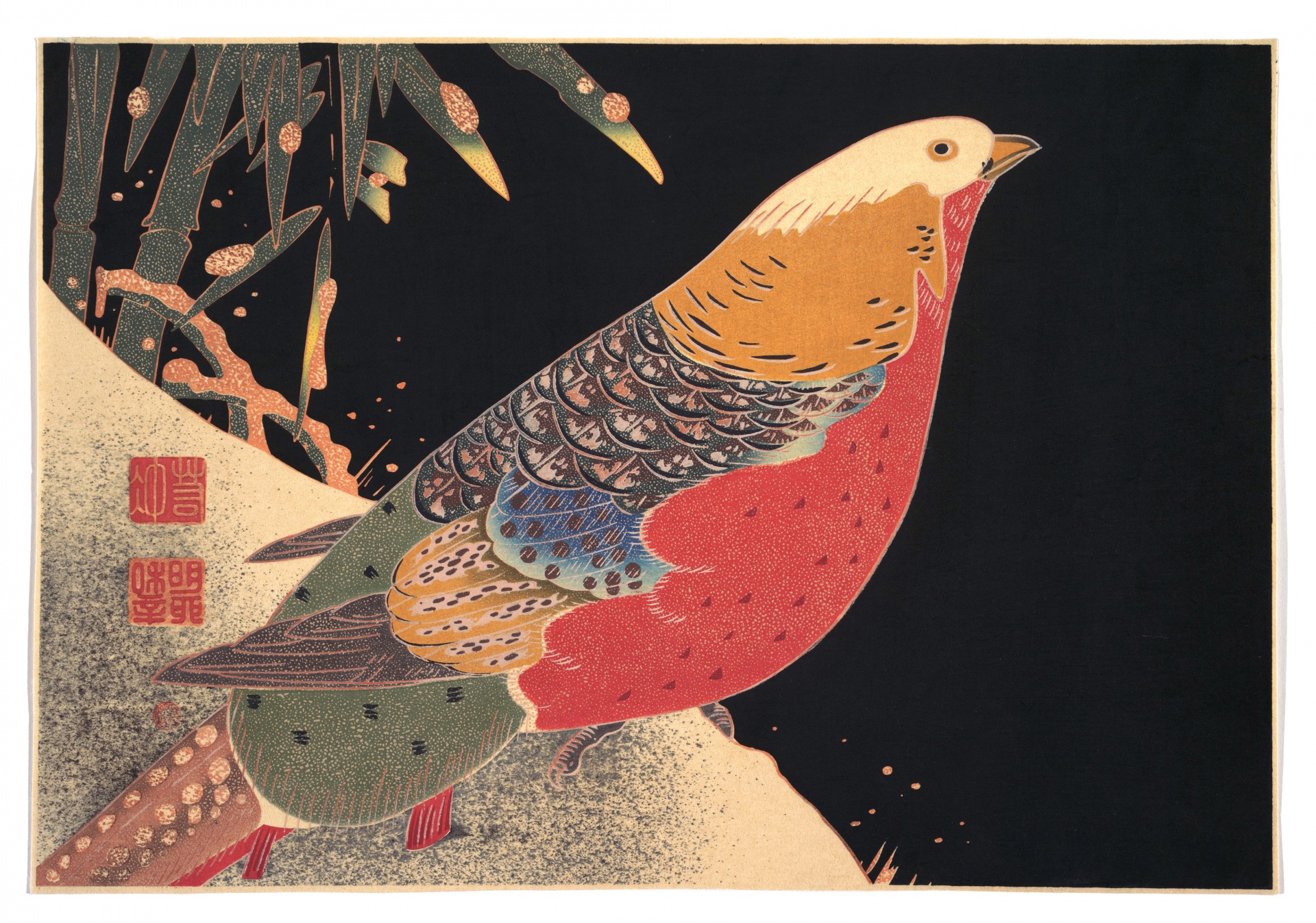 Pheasant Vintage Woodblock Print
