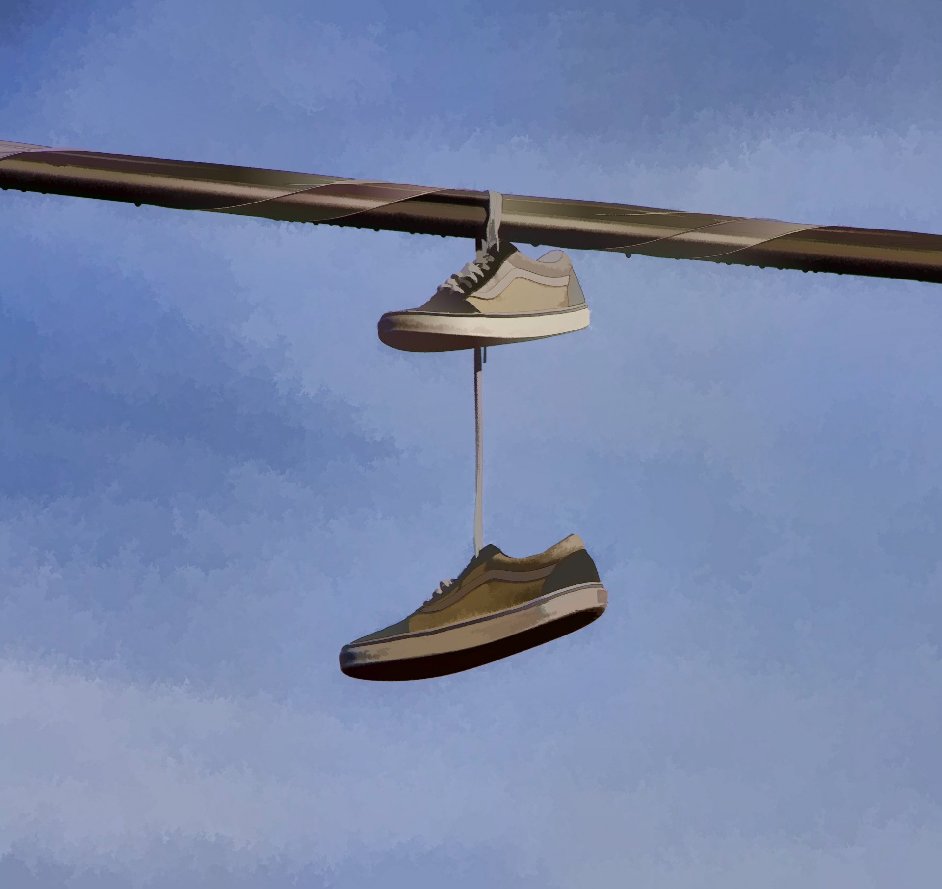 sneakers hanging on wire