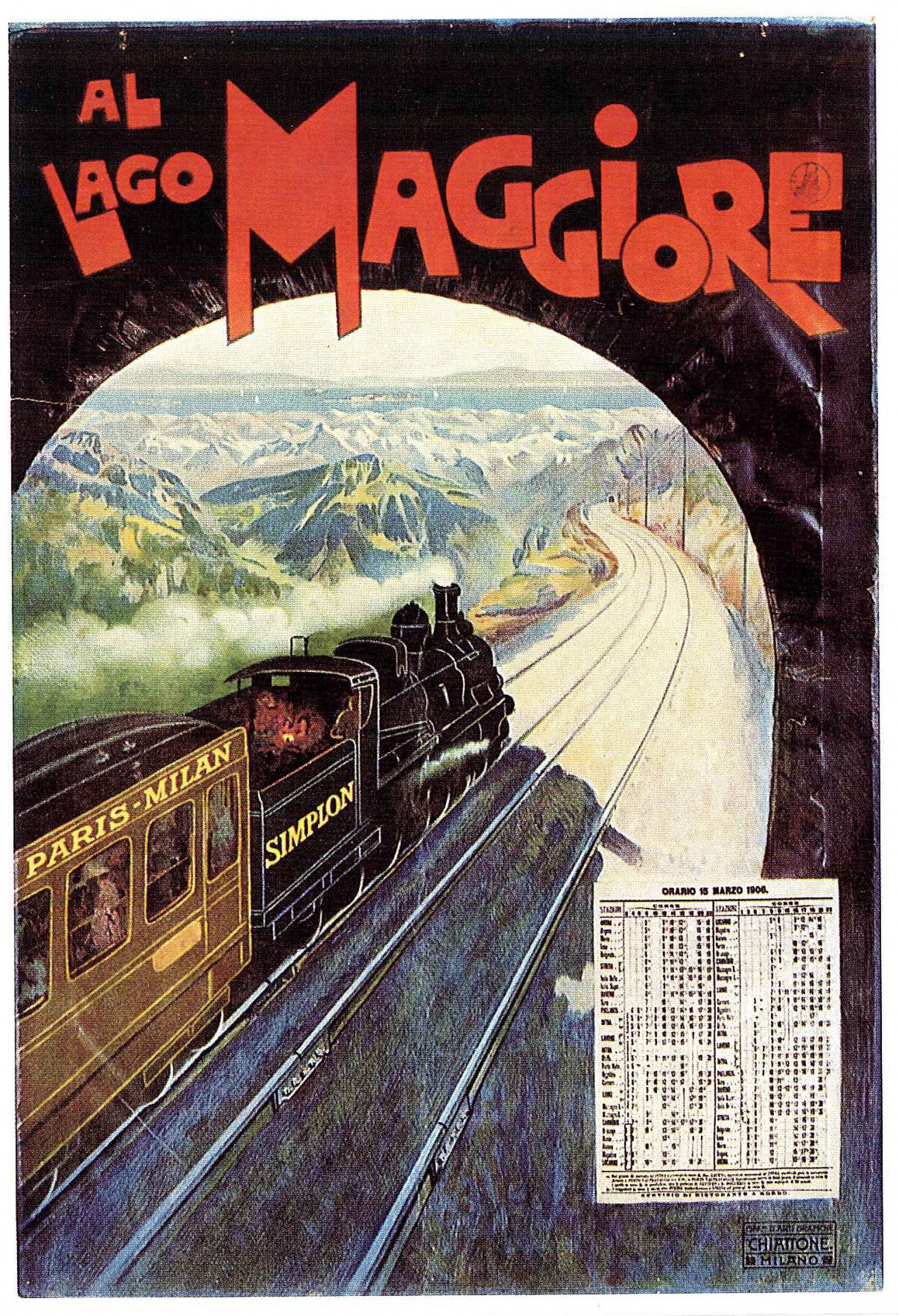 Vintage train travel poster between Paris and Milan on the Simplon