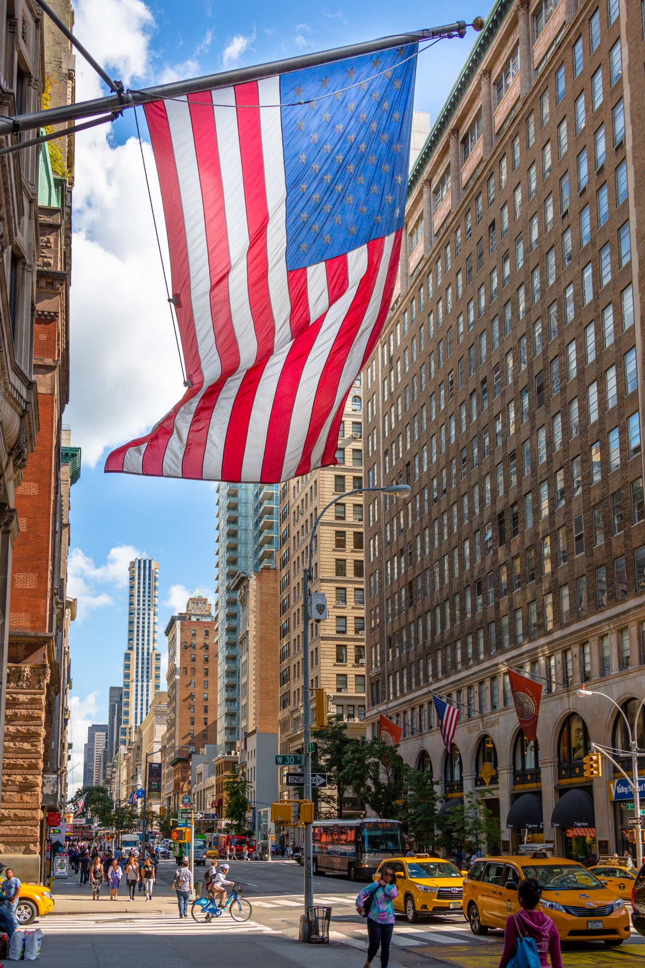 Flag of United states in the streets of New York