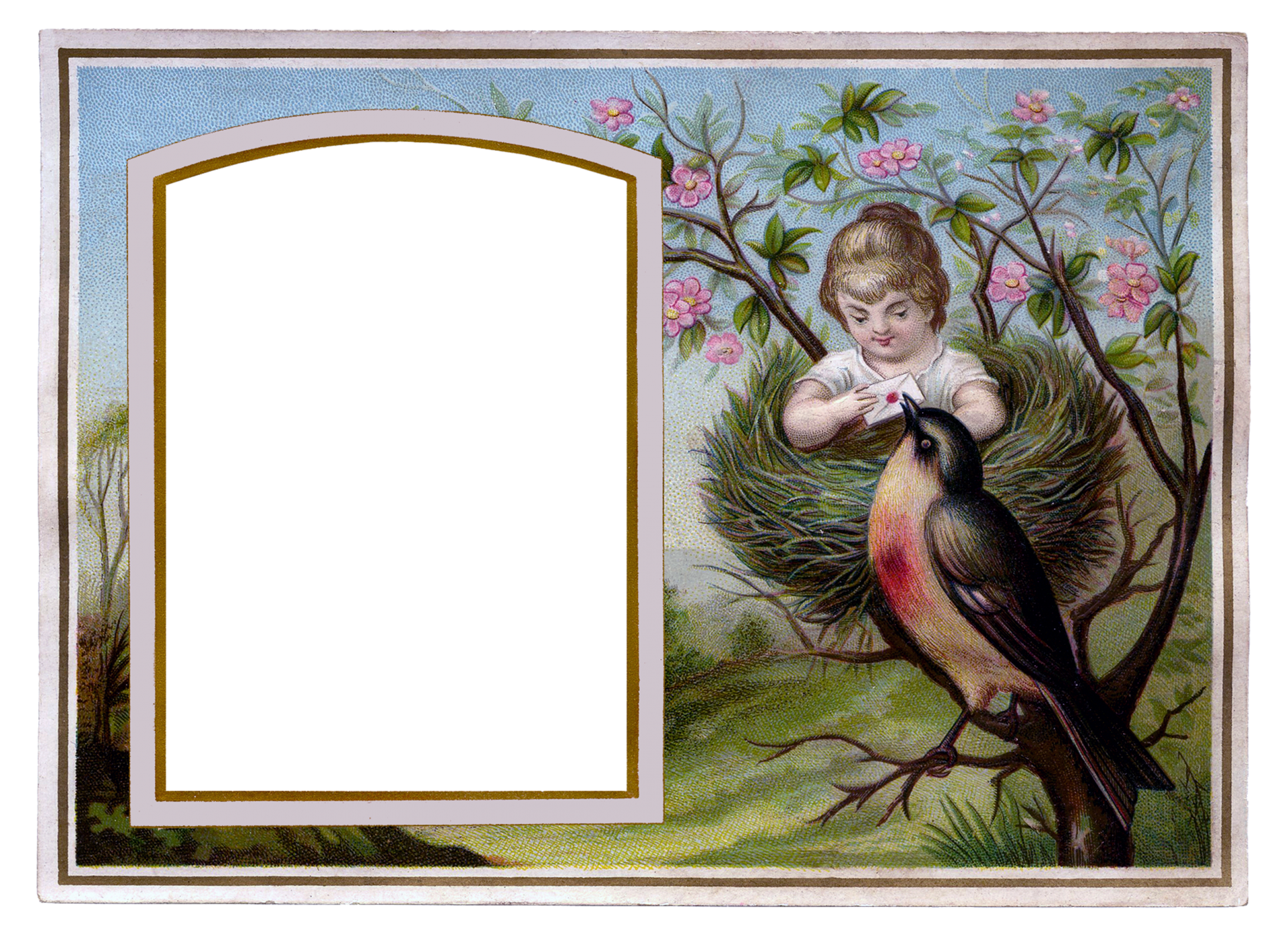 Vintage drawing of a woman sitting in a birds nest with letter delivered by bird floral frame