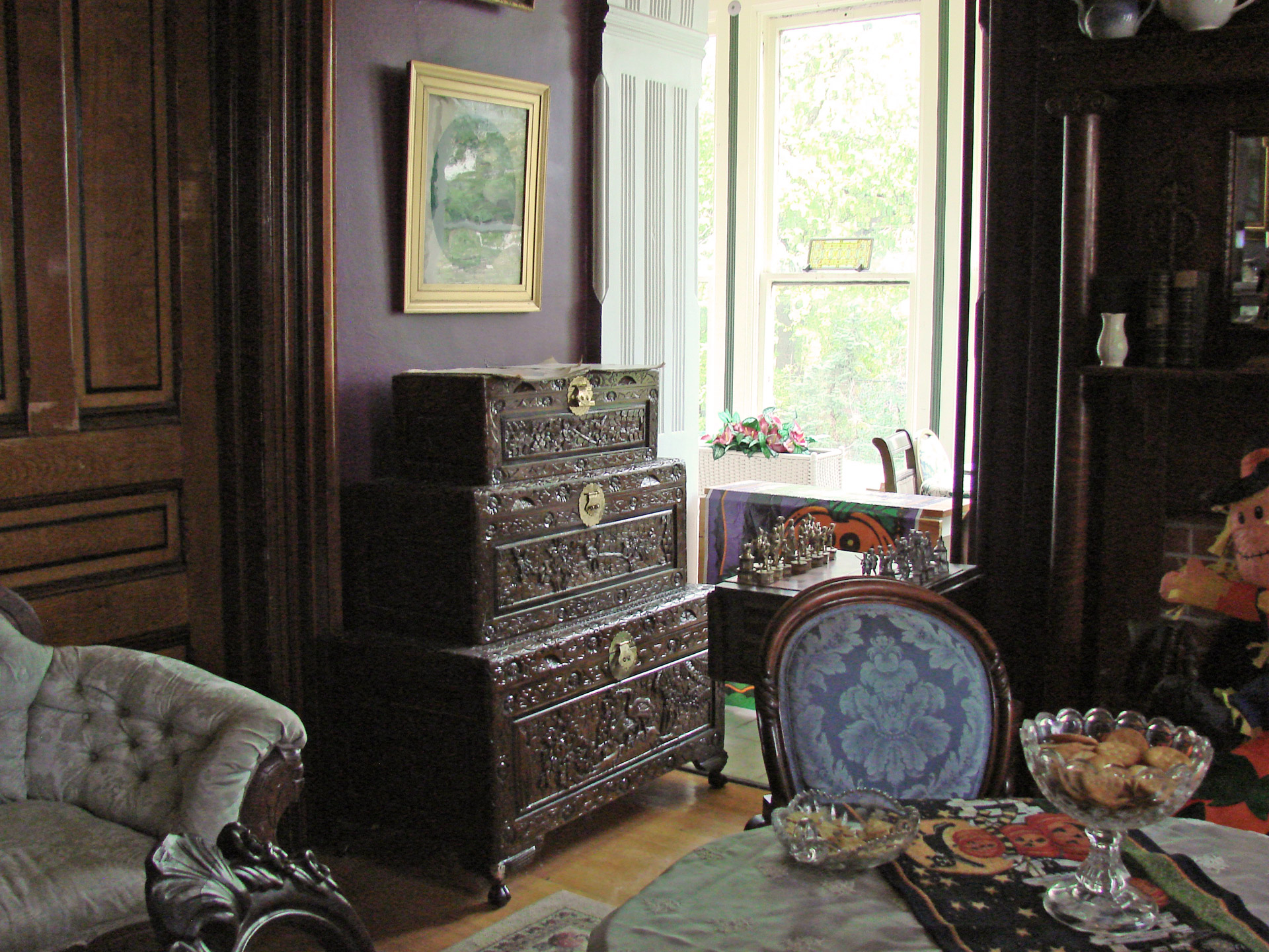The Hiram B. Scutt Mansion, also known as Barb Villa, is a historic residence in Joliet, Illinois. Pictured is a section of a sitting room. The house is rumored to be haunted.