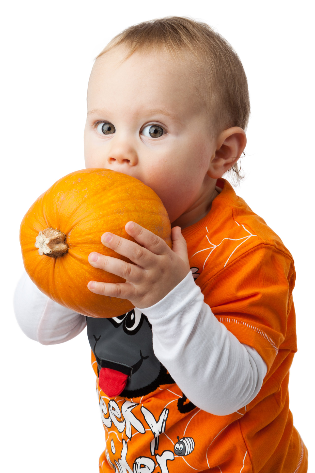 Halloween boy holding a pumpkin isolated on white background