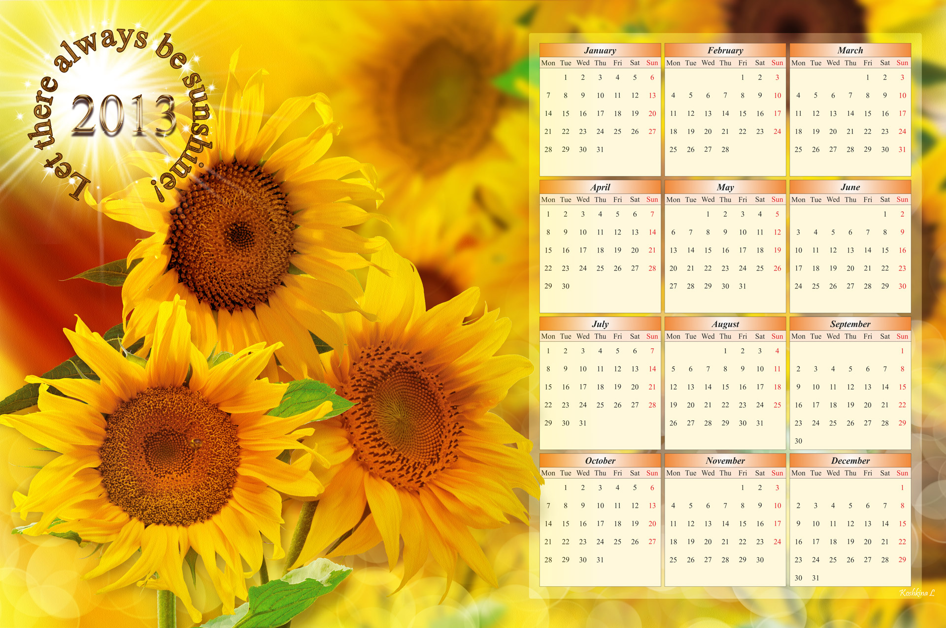 Calendar for 2013 with Sunflowers