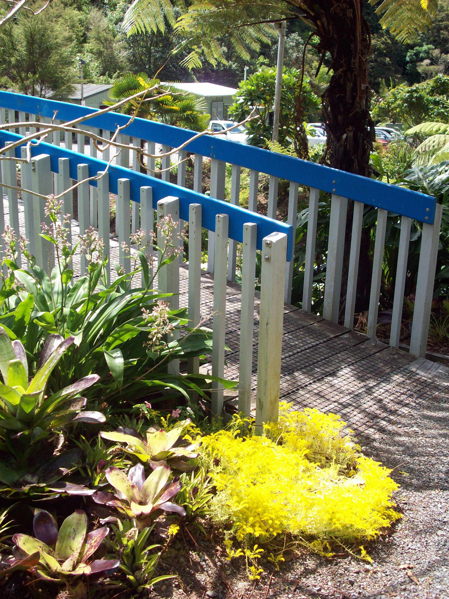 White and blue bridge on garden walk
