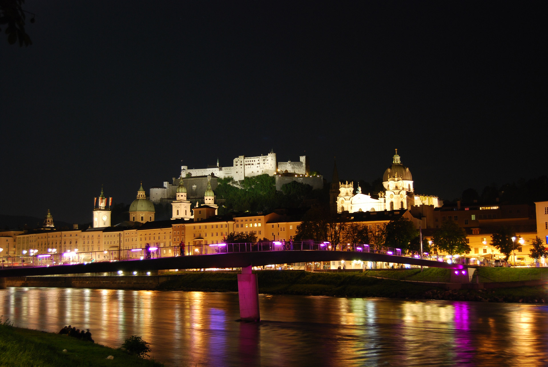 Night view of Salzburg from the opposite riverside of Salzach