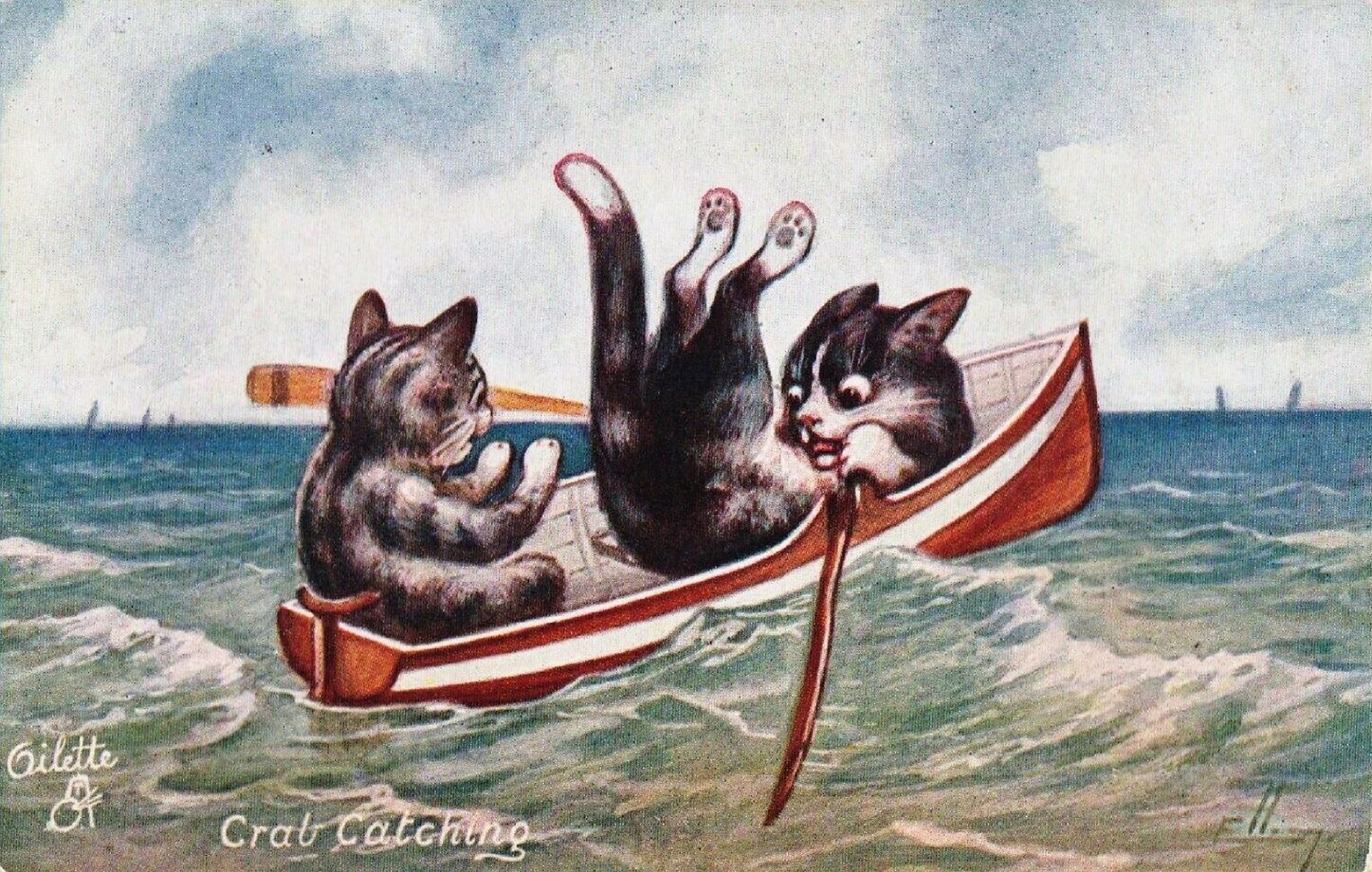 Crab Catching Cats Ellam Tales of The Seaside series Artist W .Ellam ca 1910 Public Domain