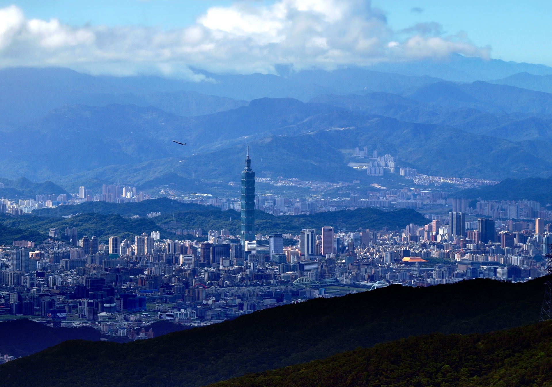 Aerial view of the eastern half of Taipei city, Taiwan, as seen from a mountaintop to the north