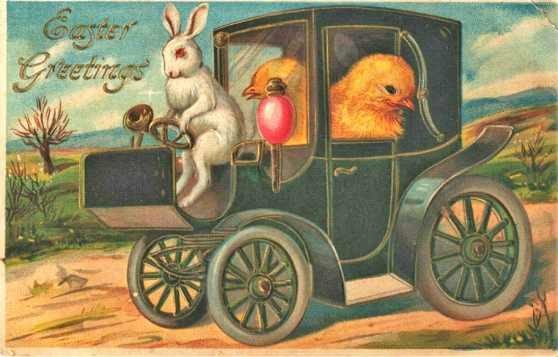 Easter Greetings Car Bunny Chicken