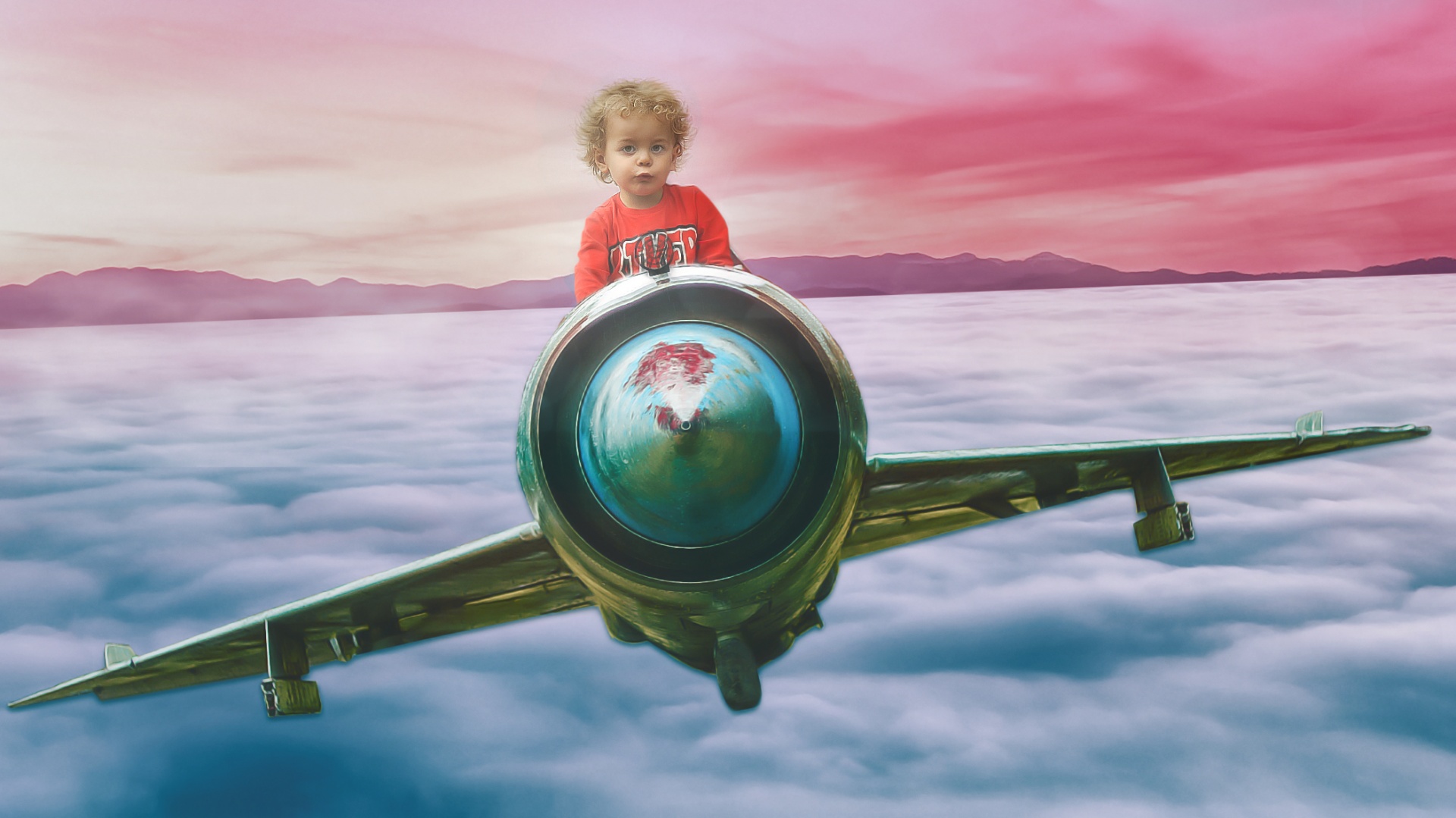 Child controls airplane in the sky