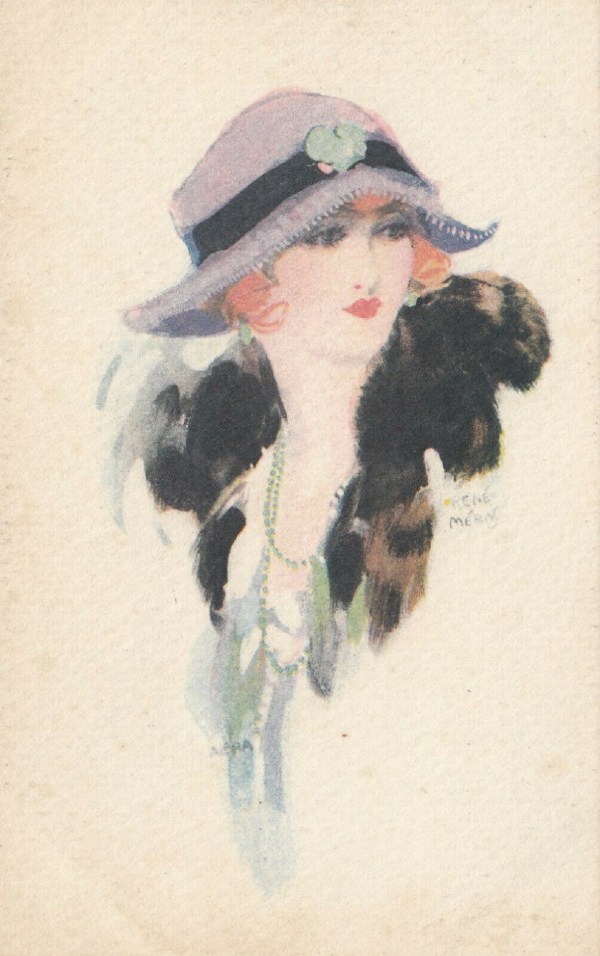 Lady in hat with fur stole artist René Meras ca 1910 public domain
