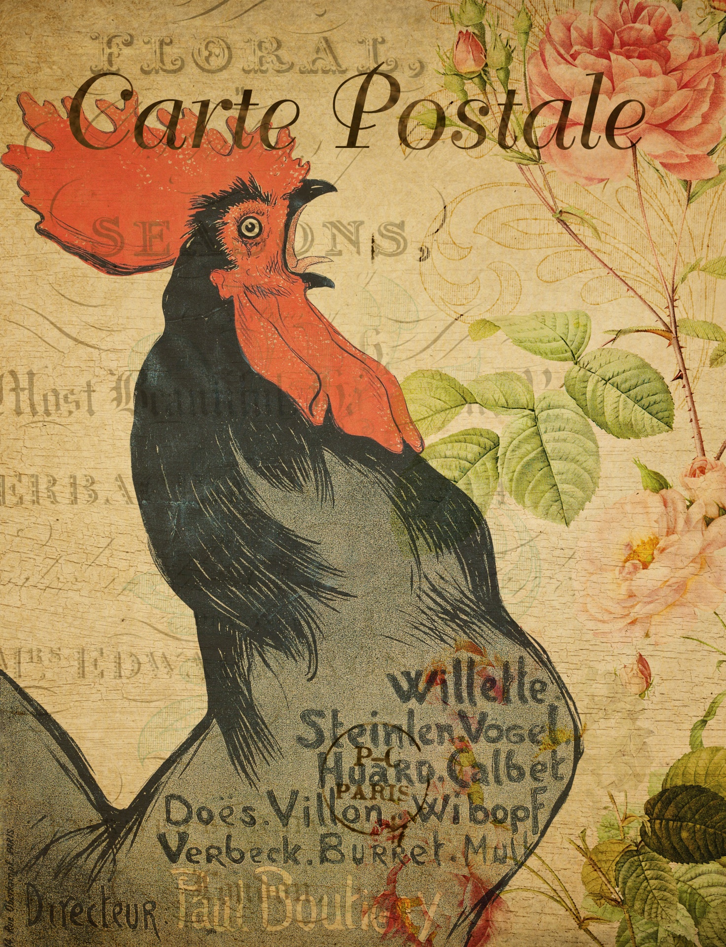 Rooster Vintage French Postcard