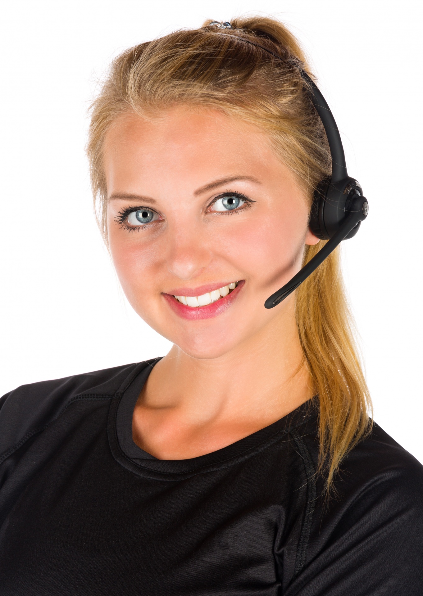 Young woman in sports clothes with a headset for customer support