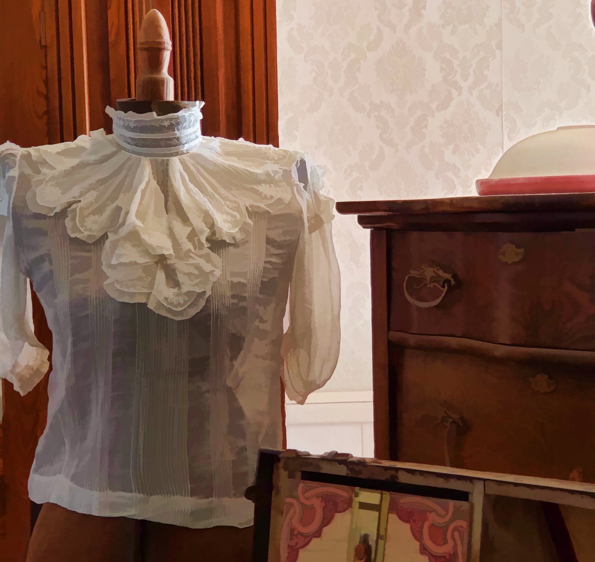 old fashioned sheer white blouse on a sewing mannequin