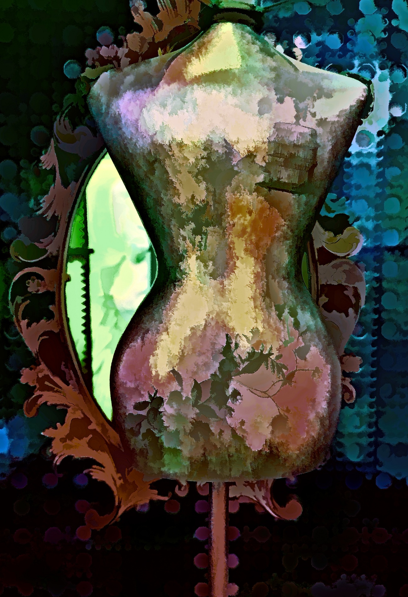artistic rendering of antique mannequin torso for sewing - autumn colors