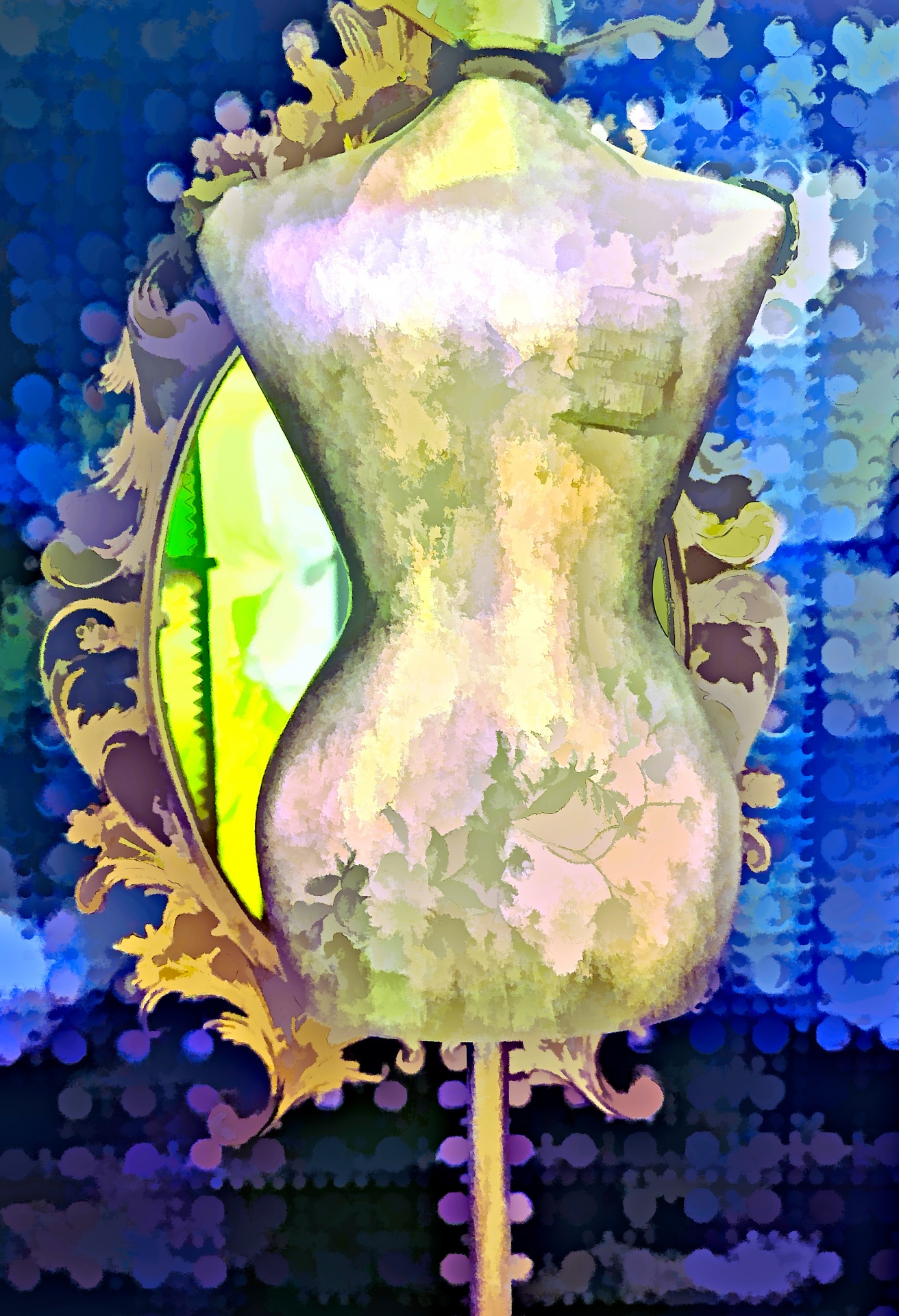 artistic rendering of antique mannequin torso for sewing