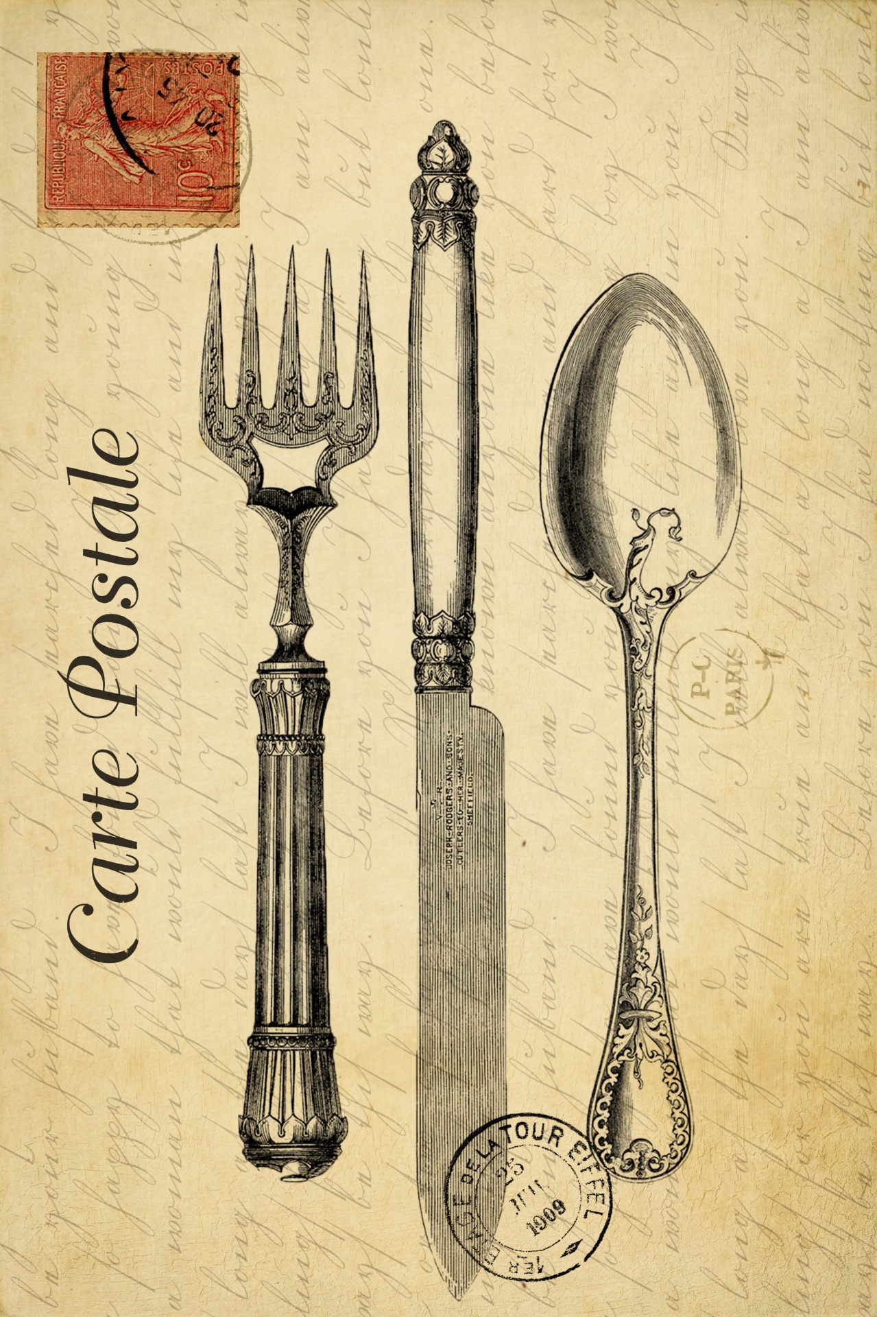 Vintage cutlery set on old French postcard