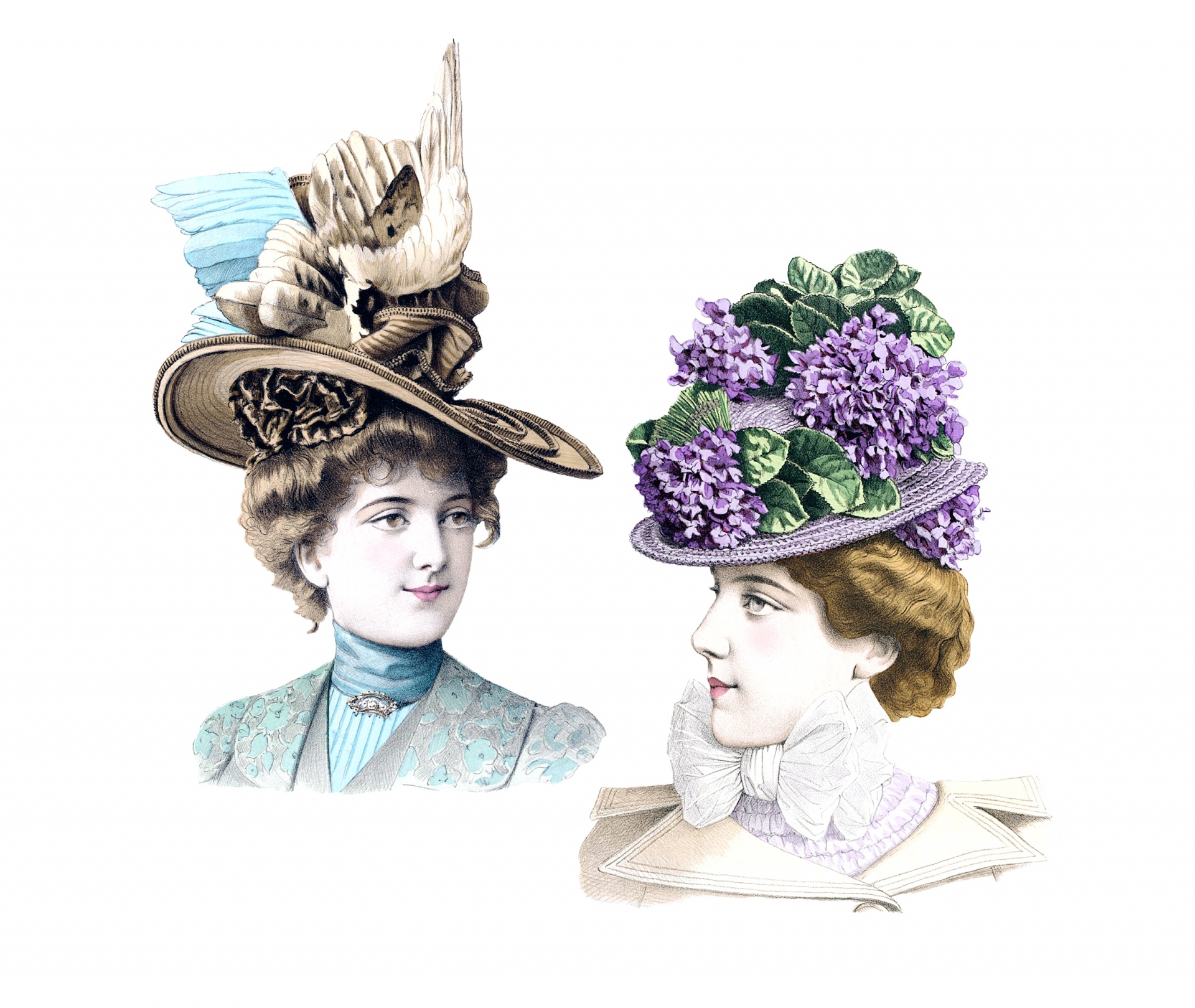 Colorful vintage drawing of two lady's in fancy hats