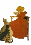 Cat, Girl Vintage Illustration