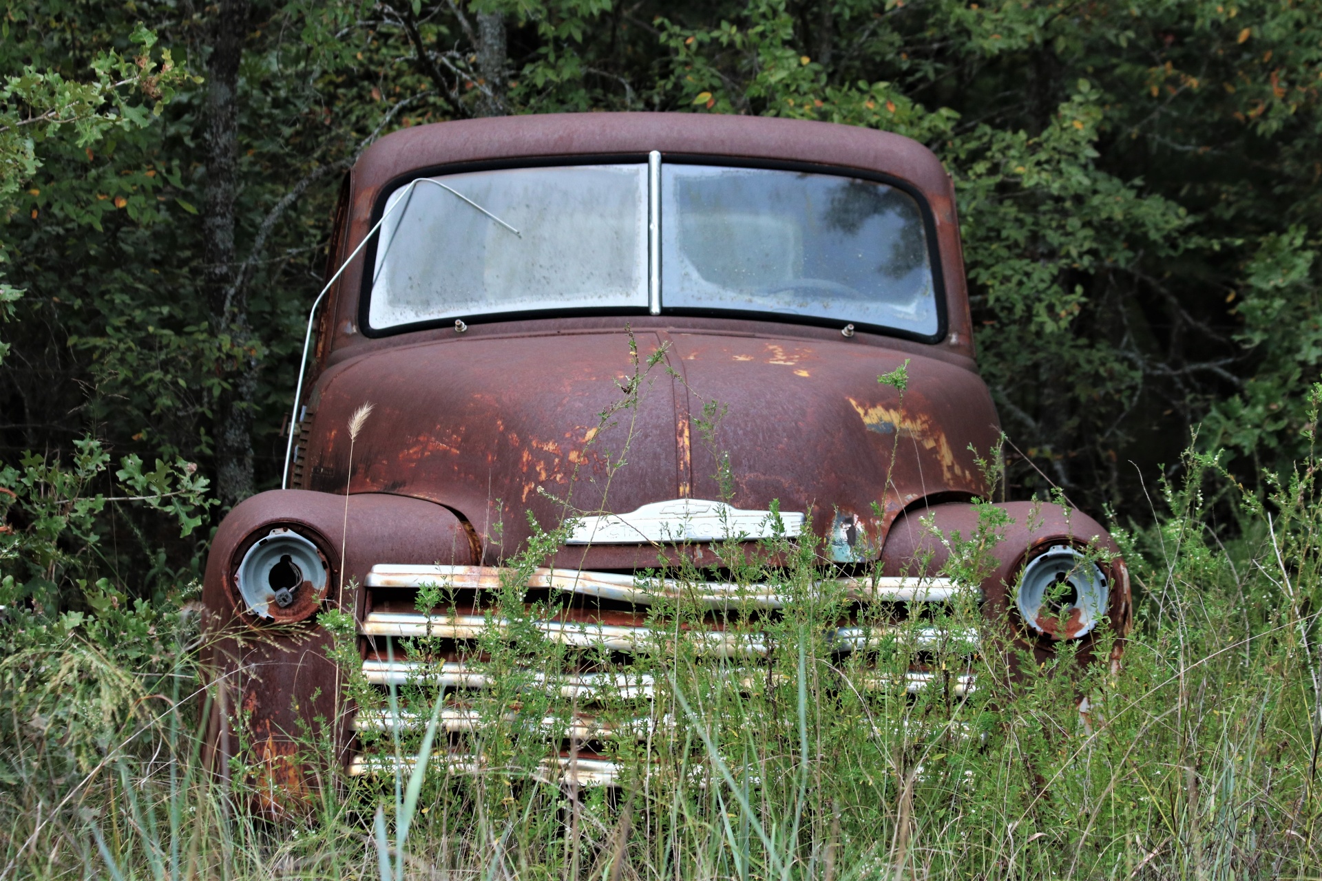 Front view of a 1953 Chevrolet farm truck, abandoned in a country field.
