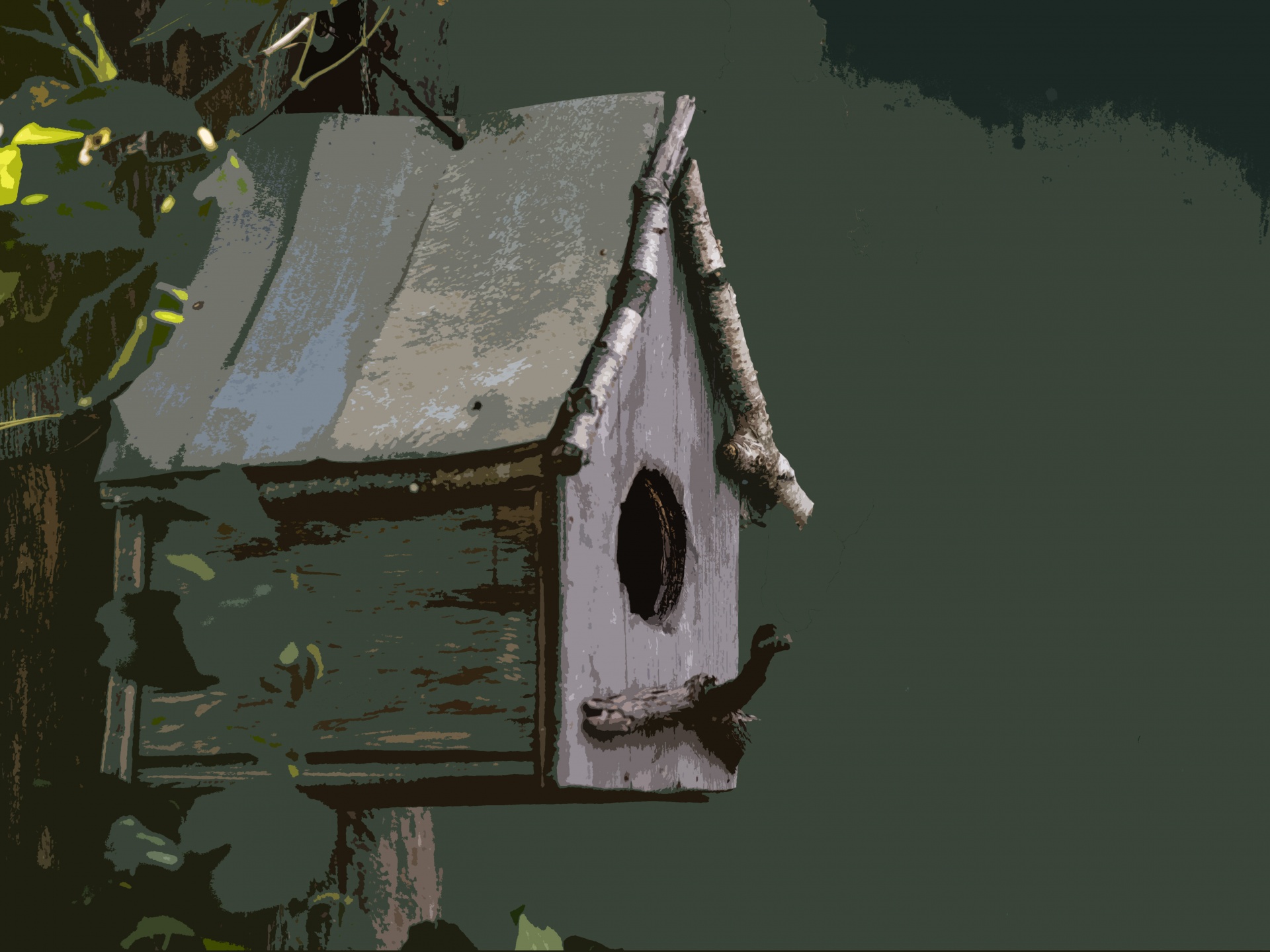 Birdhouse in greens and browns, artistic affect, simplified