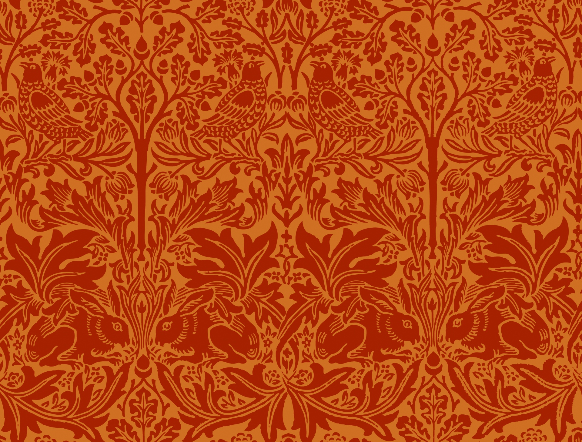 Vintage style wallpaper with birds, rabbits and leaves, modern illustration based on brer rabbit by William Morris