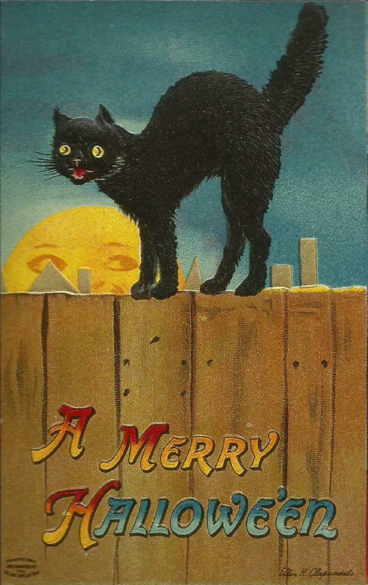 Halloween Black Cat on a fence Artist Ellen Clapsaddle year 1912 Public Domain
