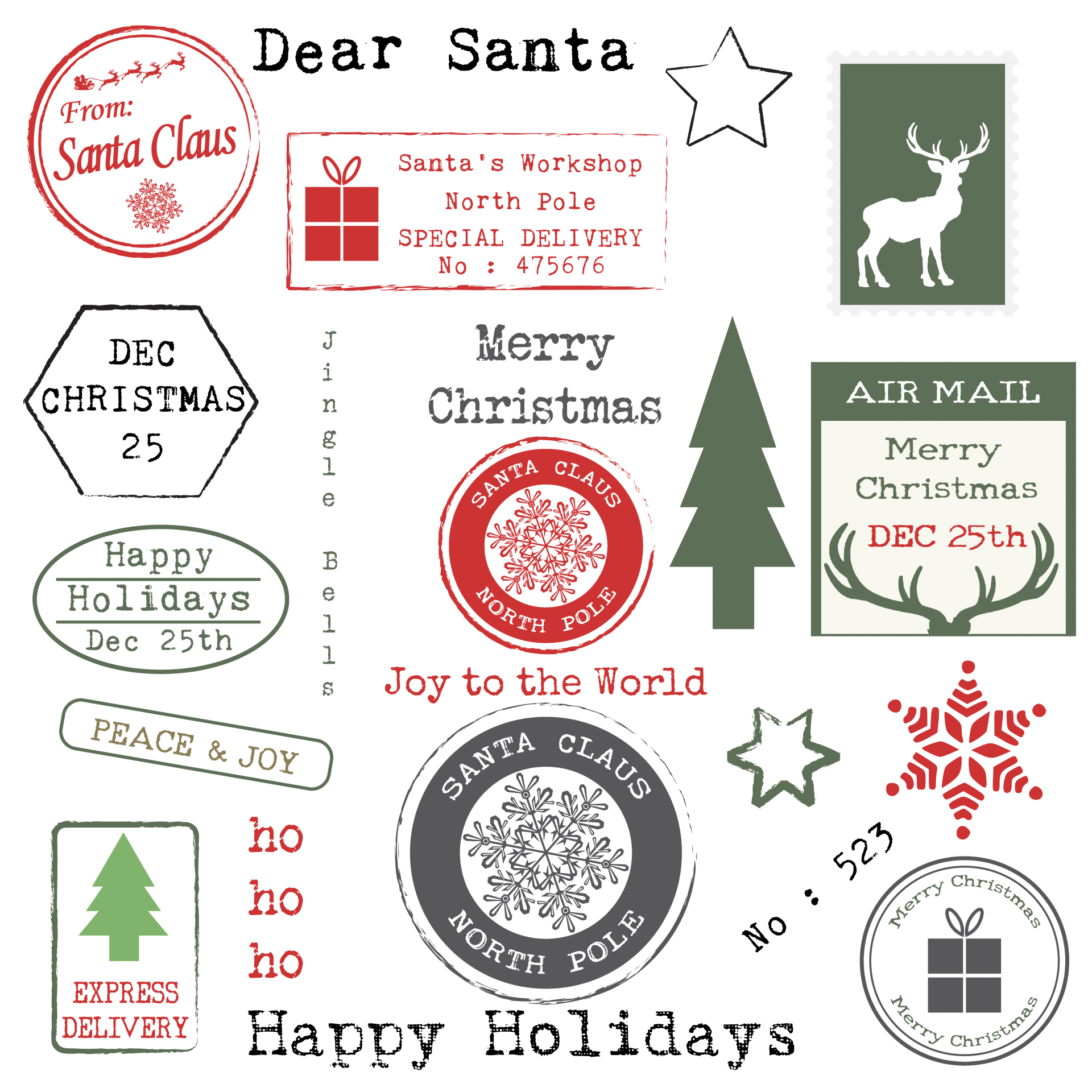 Set of various christmas rubber stamps on transparent background