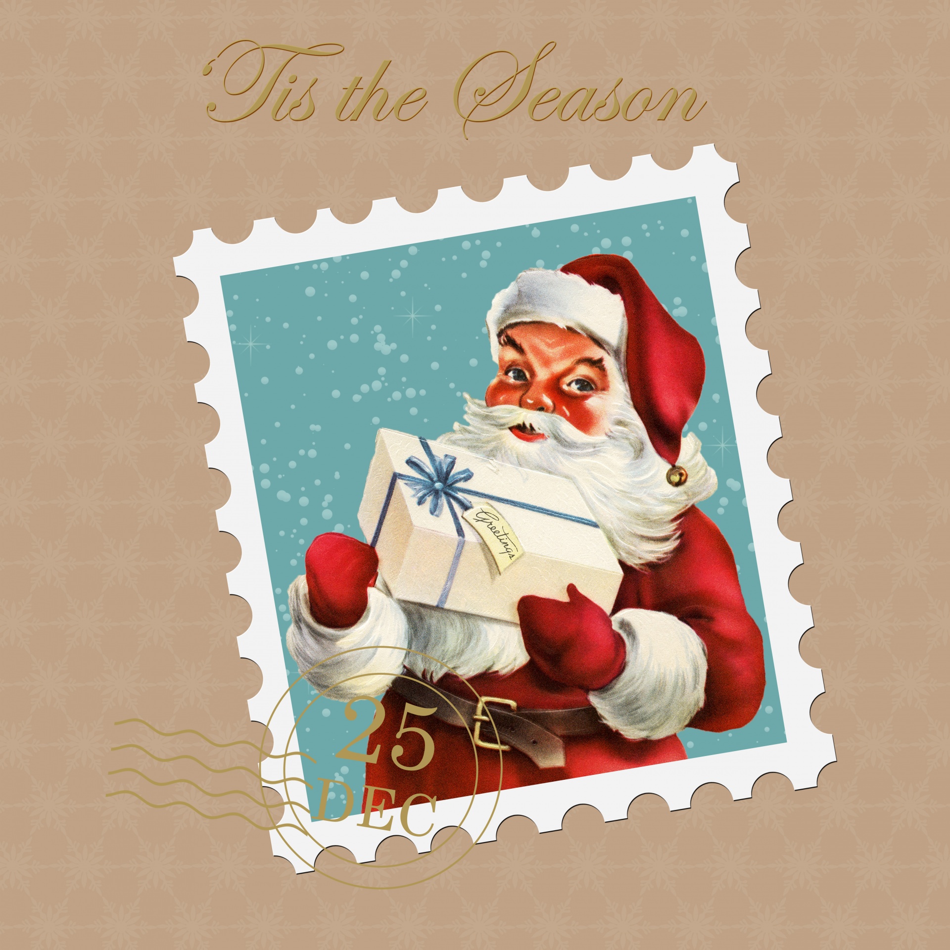 Vintage christmas santa card postage stamp with snowflakes background
