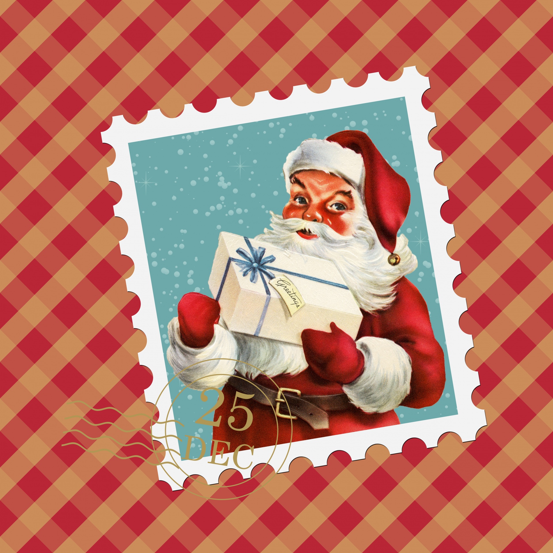 Vintage christmas santa card postage stamp with checks background